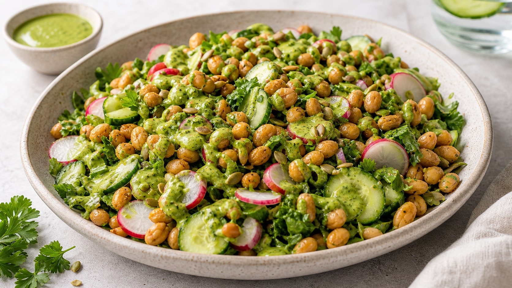 Plato de ensalada crujiente de frijoles con tahini verde con ingredientes frescos