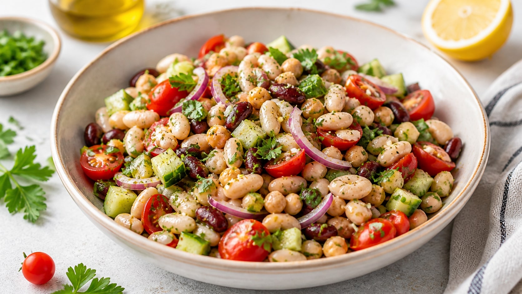 Plato de ensalada de alubias de verano con ingredientes frescos