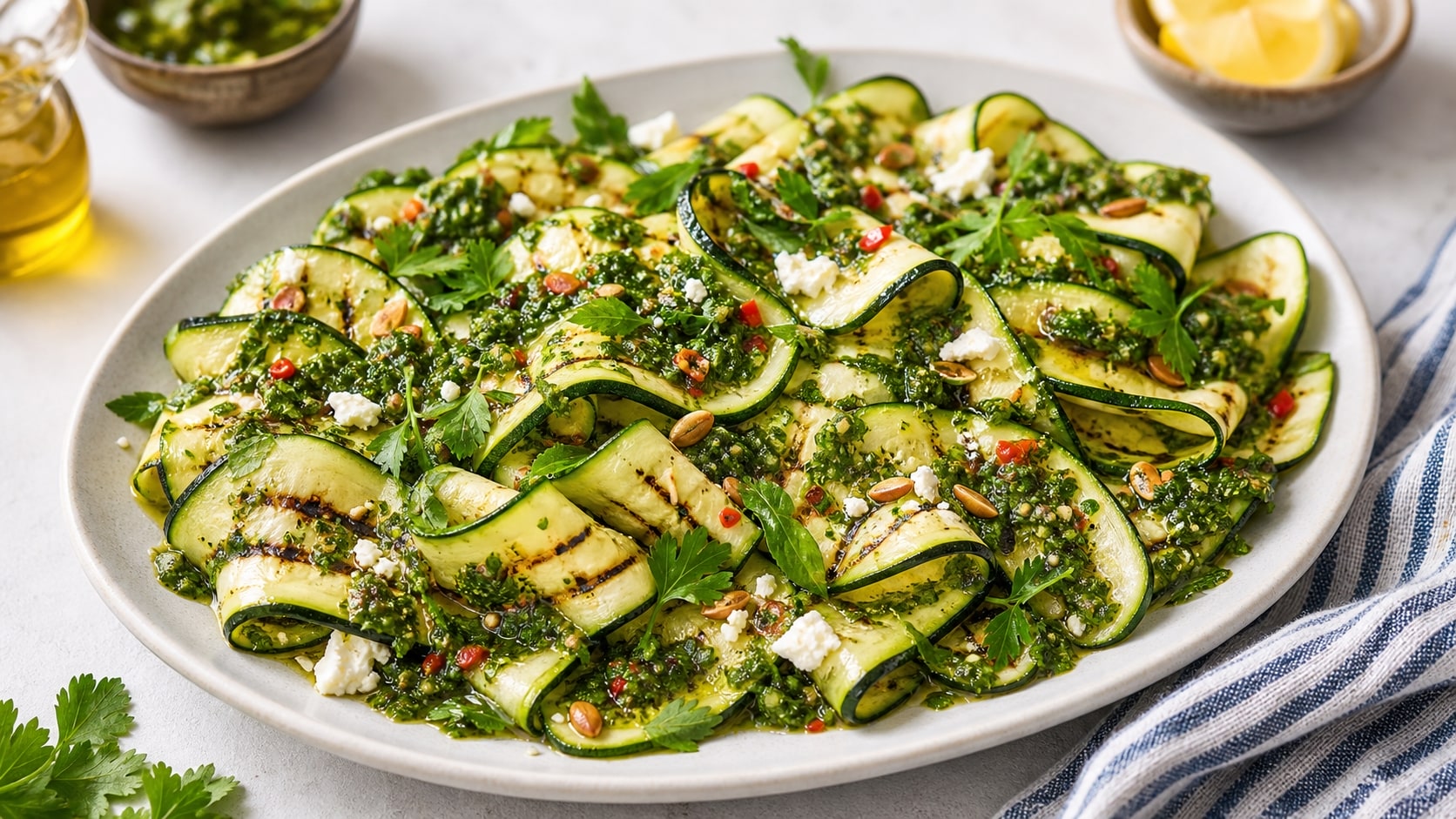 Plato de ensalada de calabacín con chimichurri con ingredientes frescos