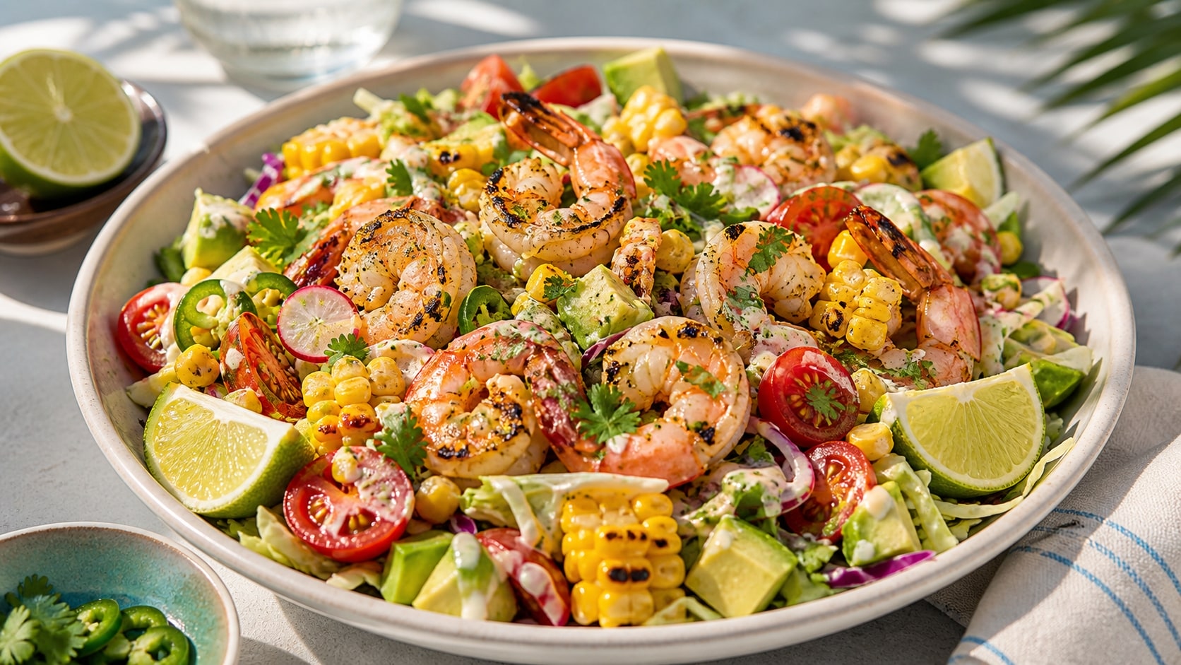 Plato de ensalada de camarones y maíz asado estilo baja con ingredientes frescos