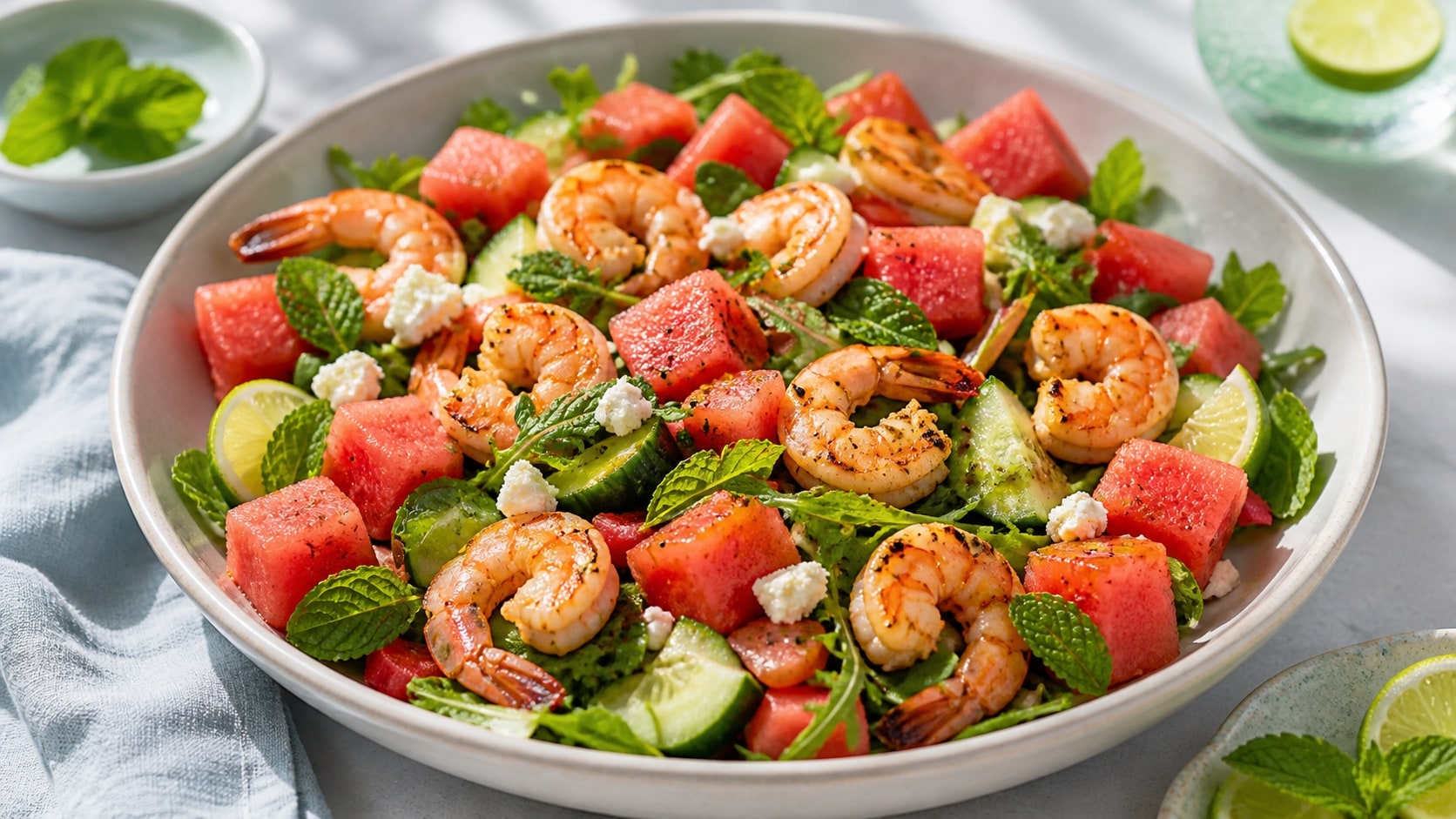 Plato de ensalada de camarones y sandía con ingredientes frescos