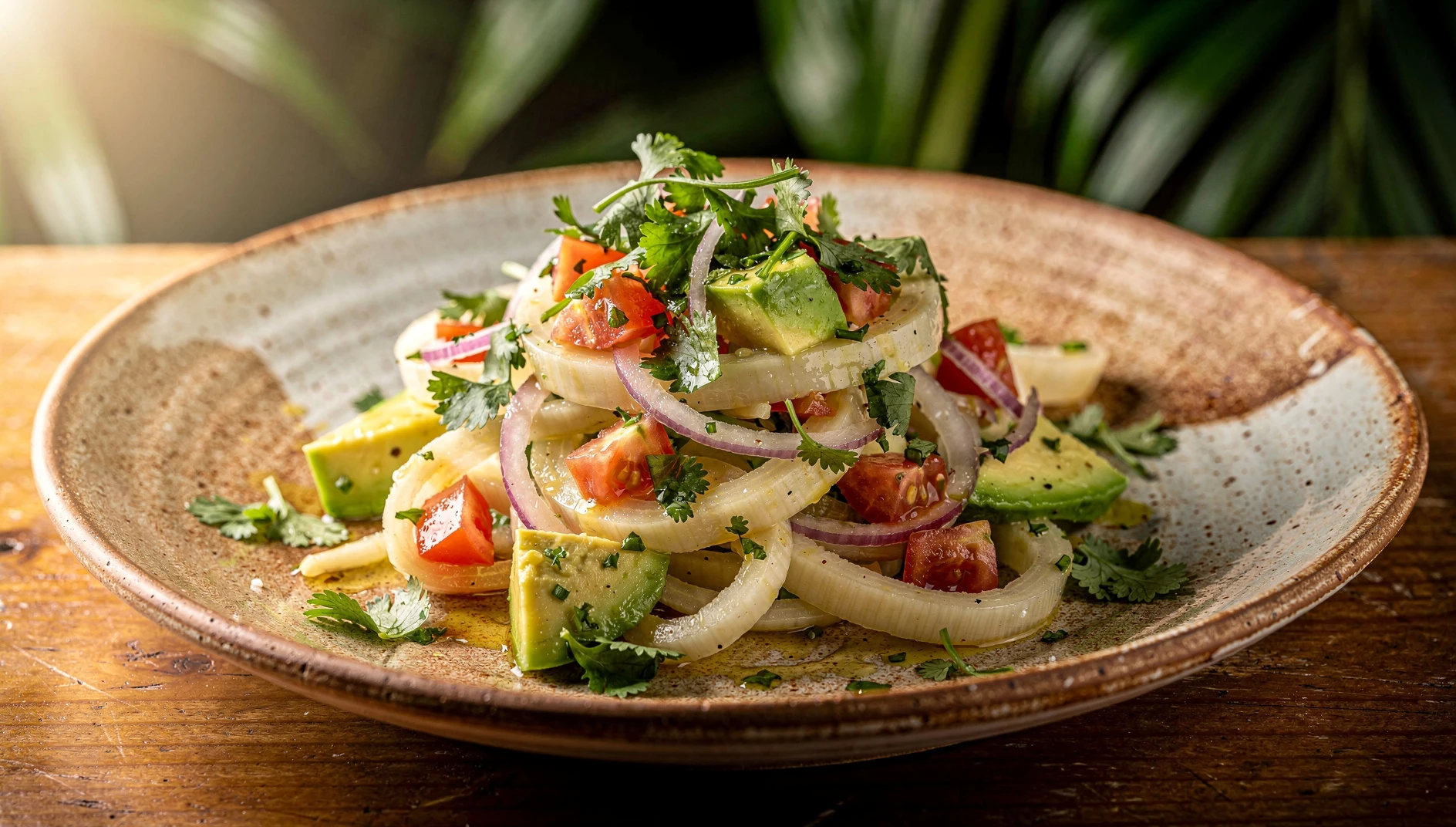 Ensalada de chonta amazónica con palmito en juliana, palta, tomate y culantro servida en plato de cerámica rústica