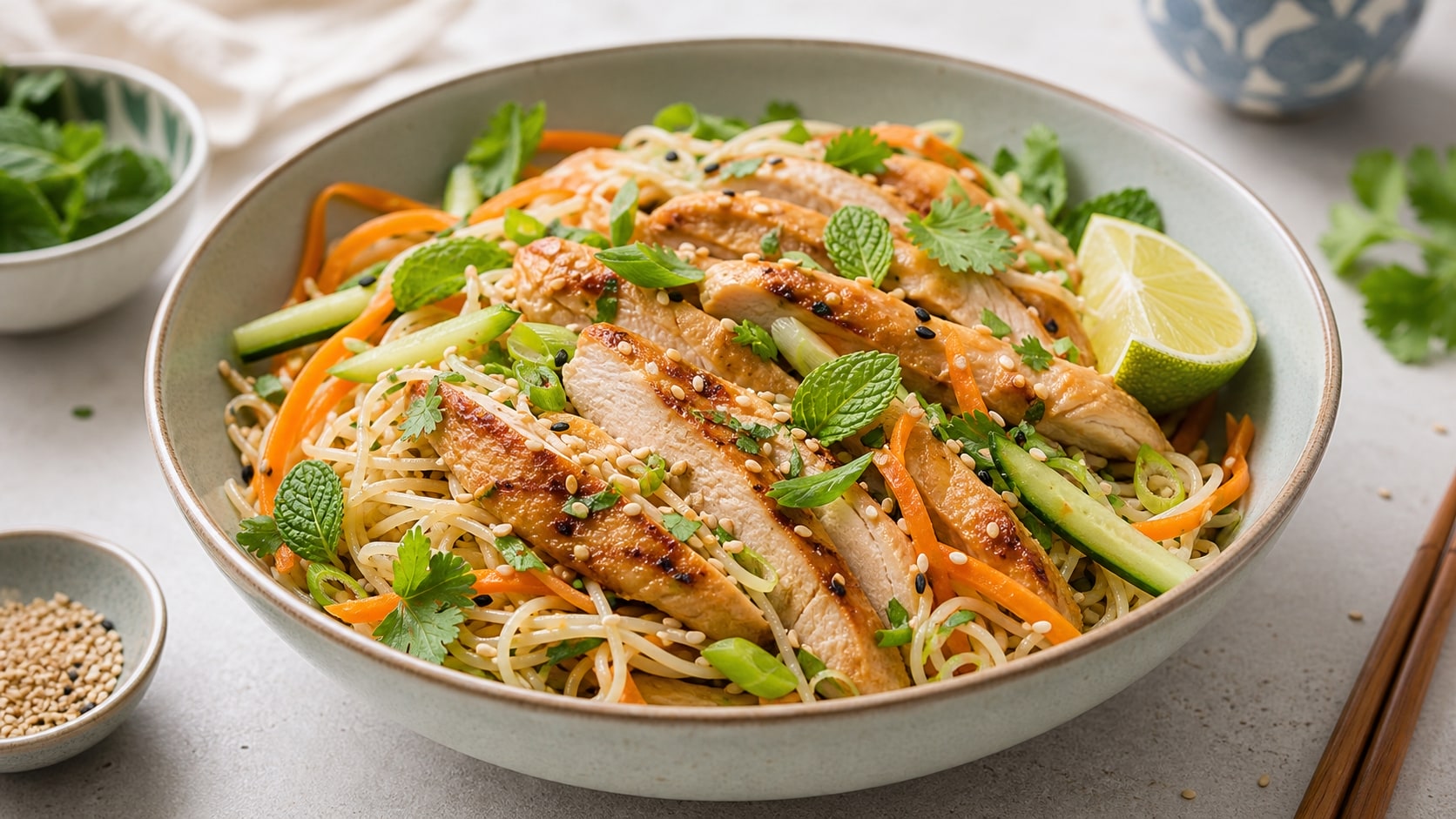 Plato de ensalada de fideos con pollo y jengibre con ingredientes frescos