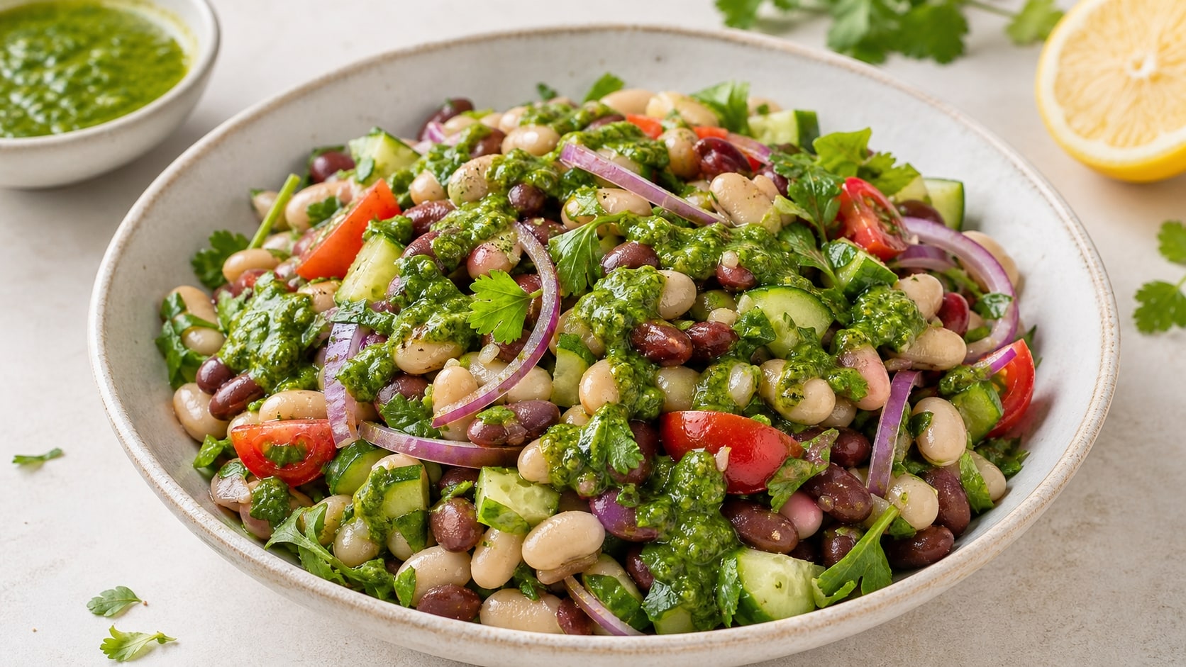 Plato de ensalada de frijoles con salsa verde de hierbas con ingredientes frescos