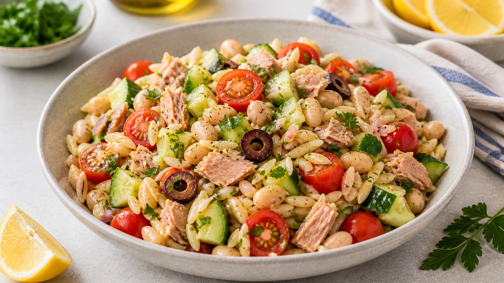 Plato de ensalada de orzo, frijoles y atún con ingredientes frescos
