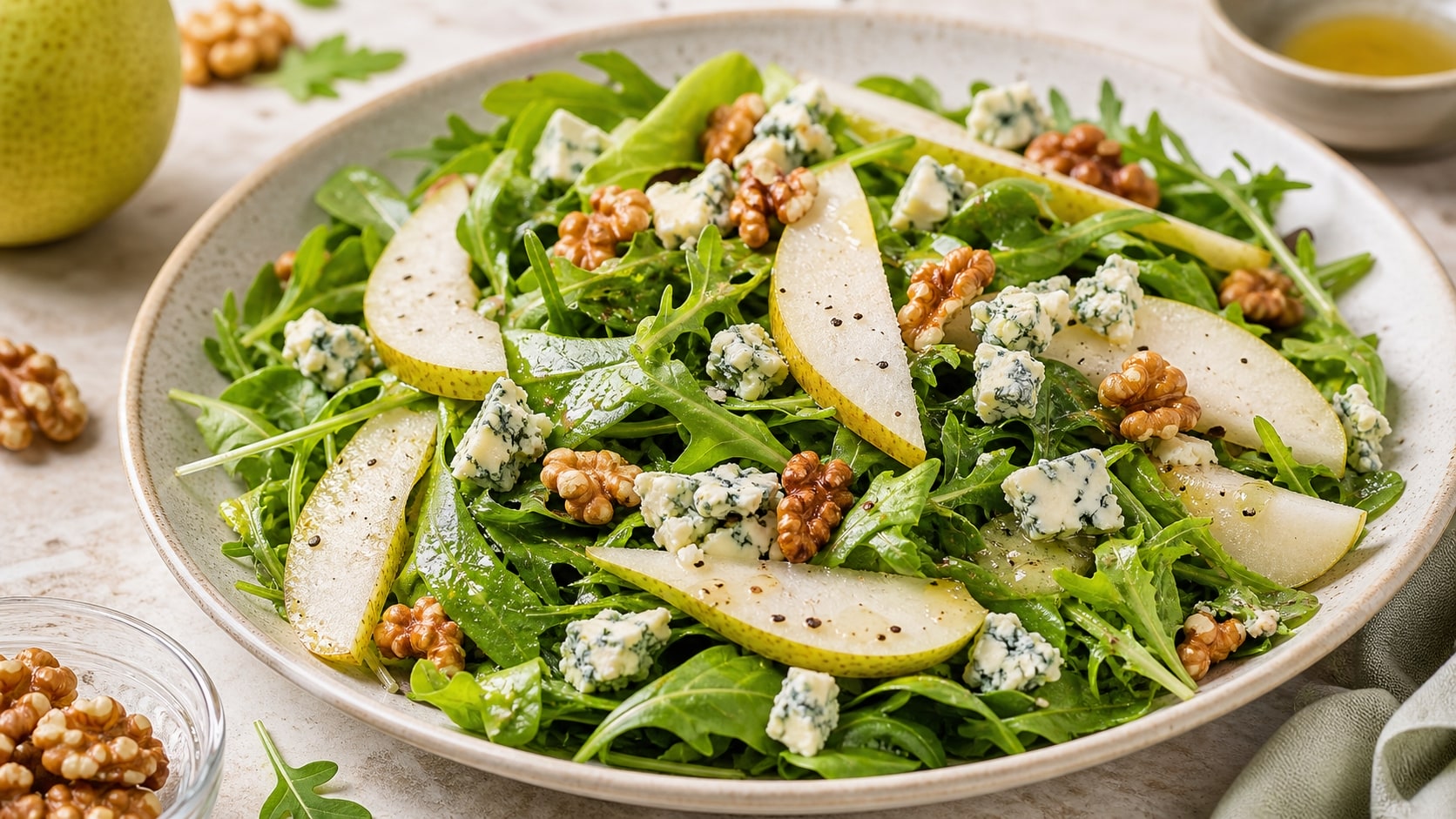 Plato de ensalada de pera, gorgonzola y nueces con ingredientes frescos