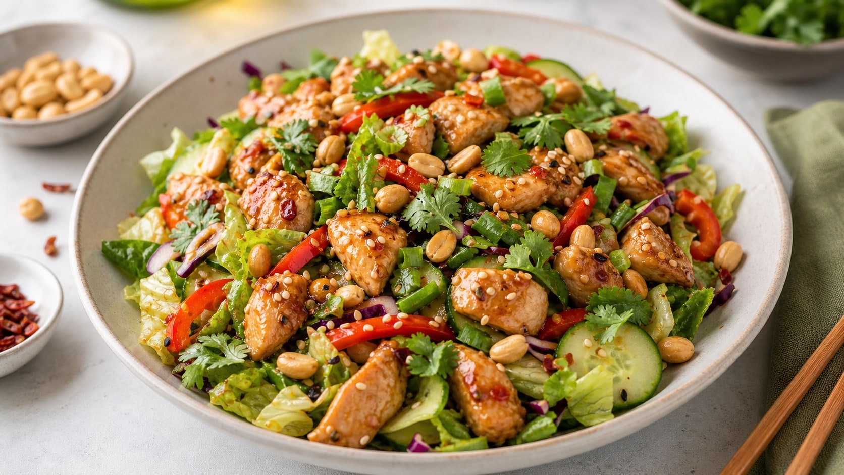 Plato de ensalada kung pao de pollo con ingredientes frescos
