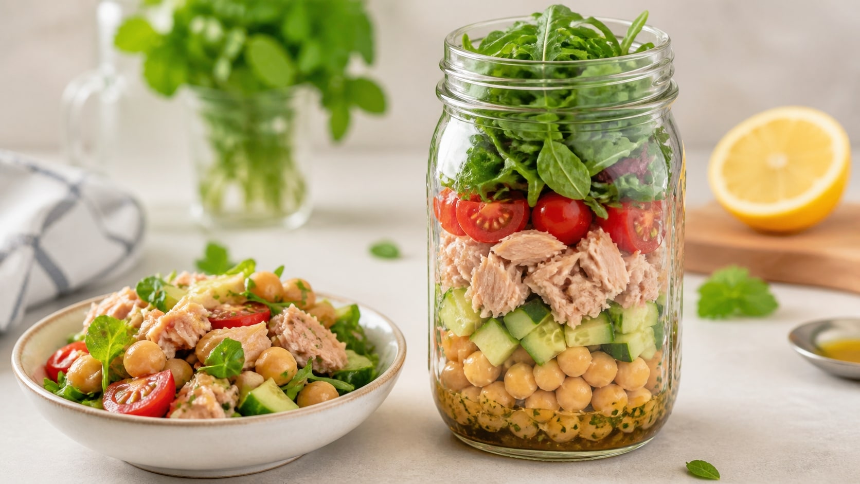 Plato de ensalada mason jar de garbanzos y atún con ingredientes frescos