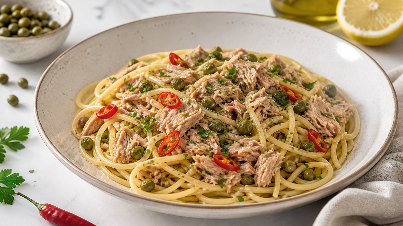 Plato de espaguetis con atún, alcaparras y chile listo para disfrutar