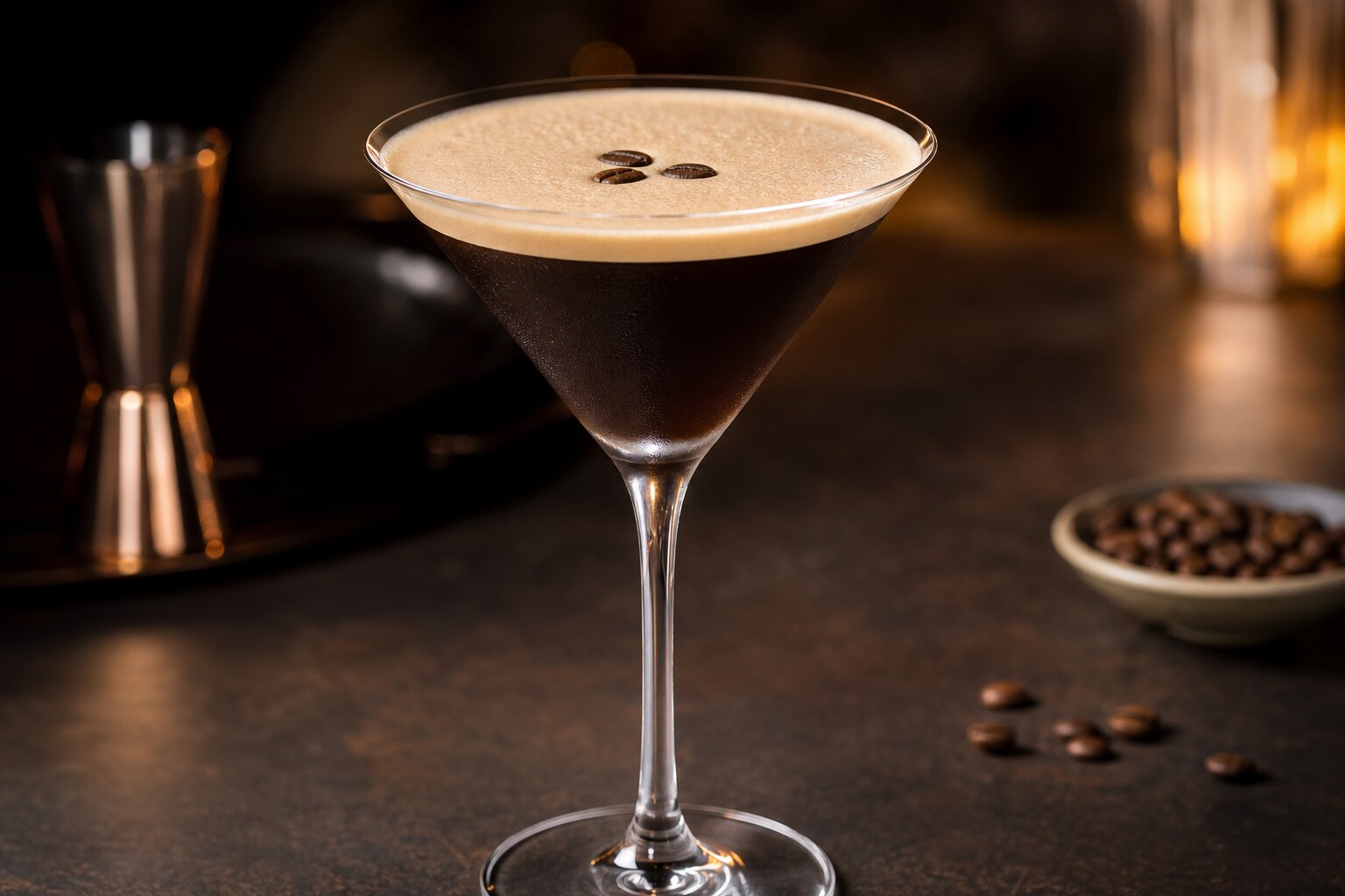 Cóctel espresso martini con espuma cremosa y granos de café