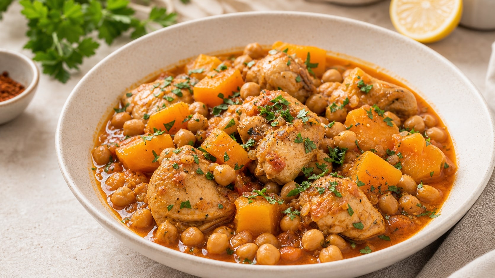 Plato de estofado de pollo, calabaza y garbanzos listo para disfrutar