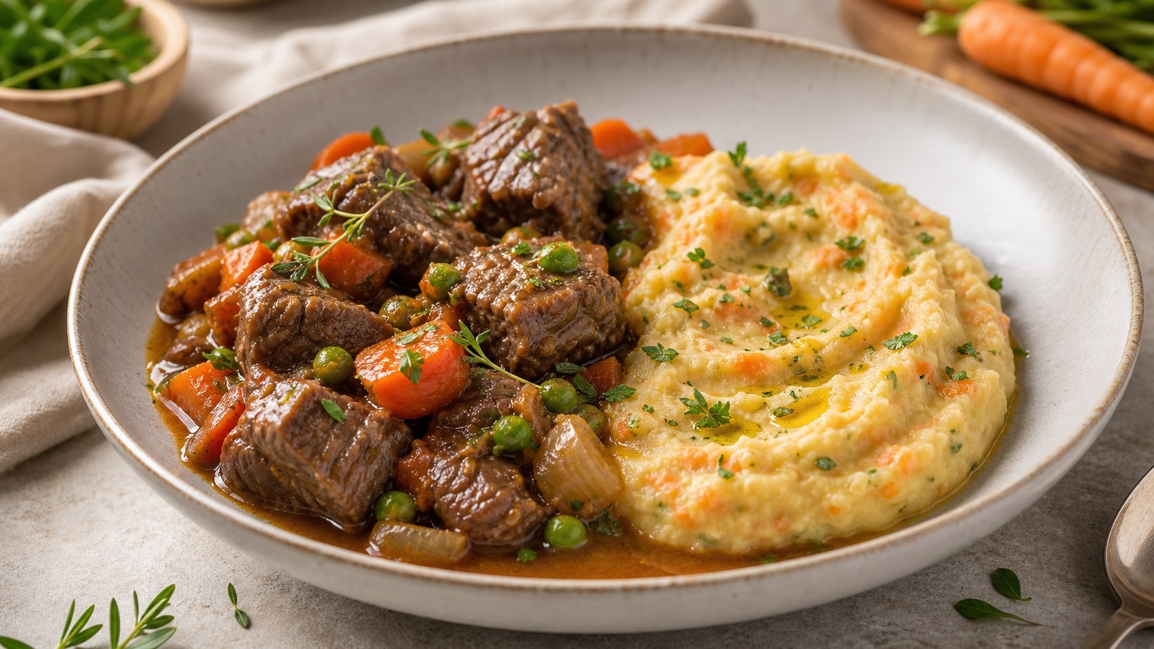 Plato de estofado de ternera en una sola olla con puré de verduras listo para disfrutar