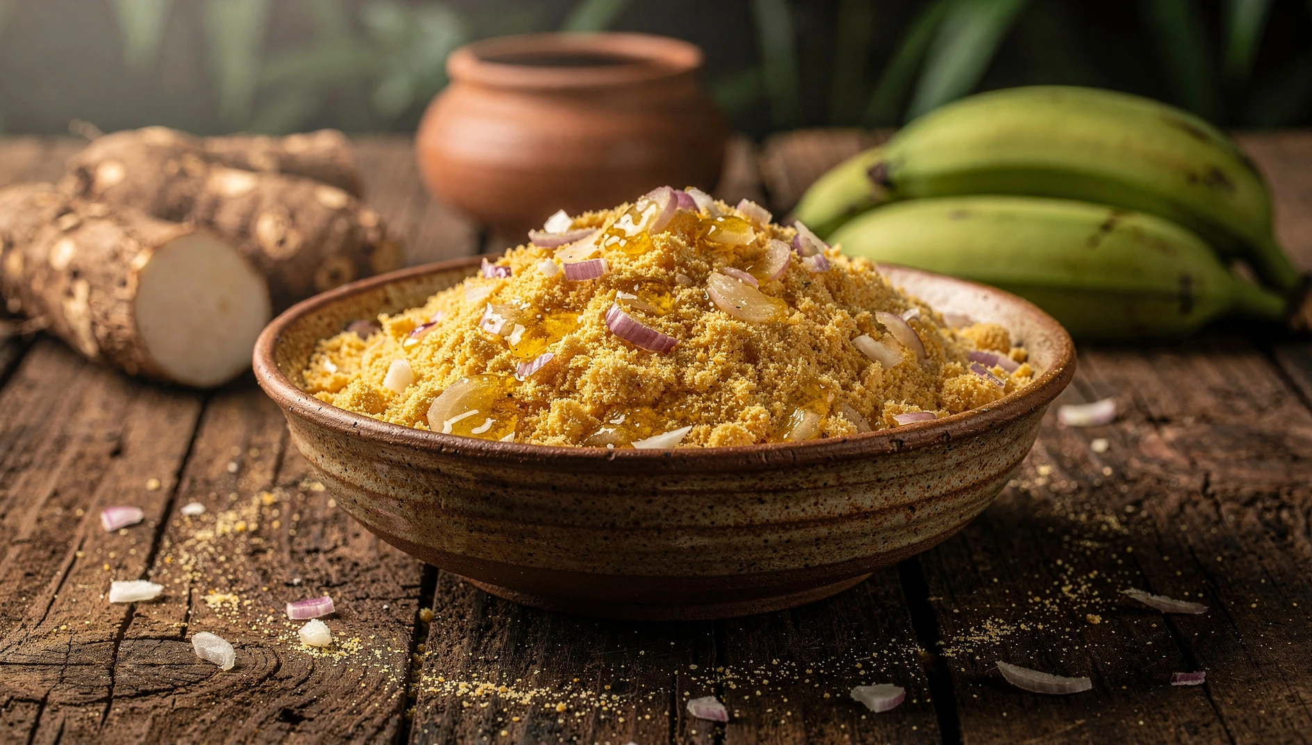 Bol de faropa amazónica con harina de yuca tostada, cebolla roja y ajo, servida sobre mesa de madera rústica