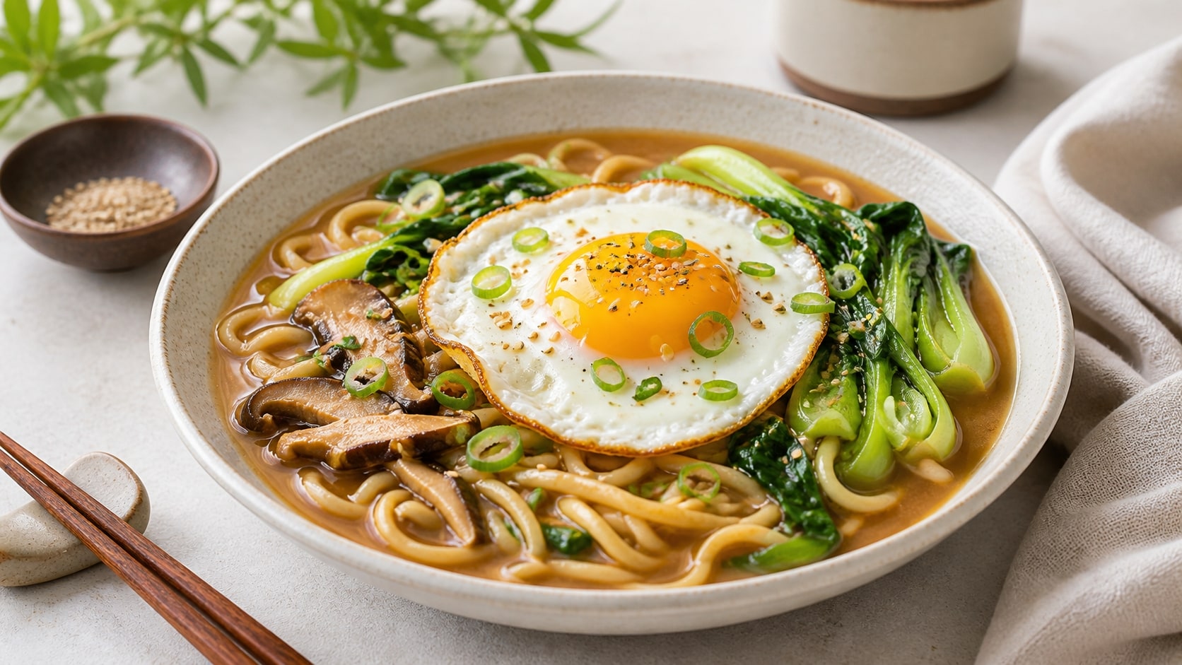 Plato de fideos miso con huevo frito listo para disfrutar