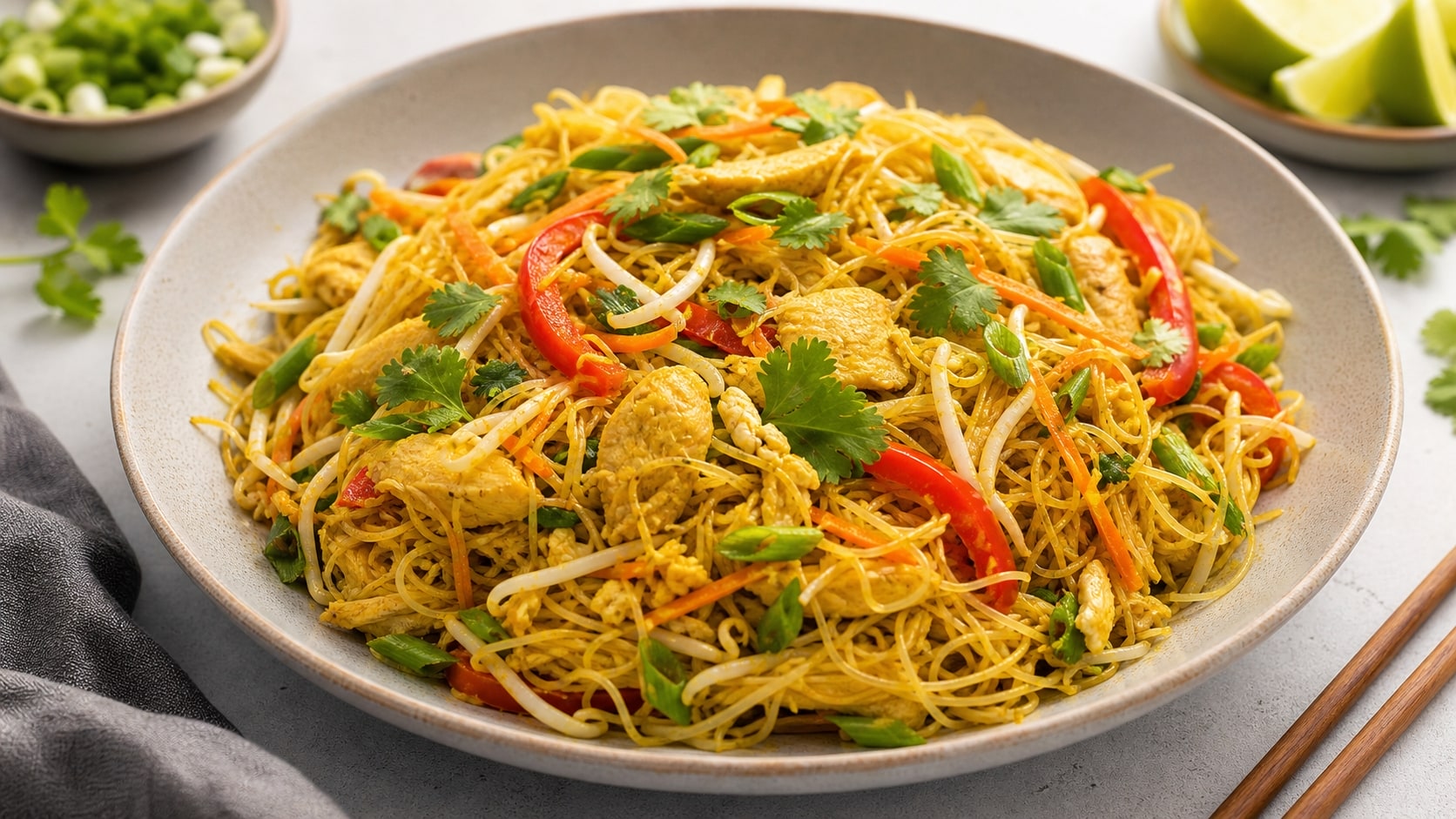 Plato de fideos de singapur saludables listo para disfrutar