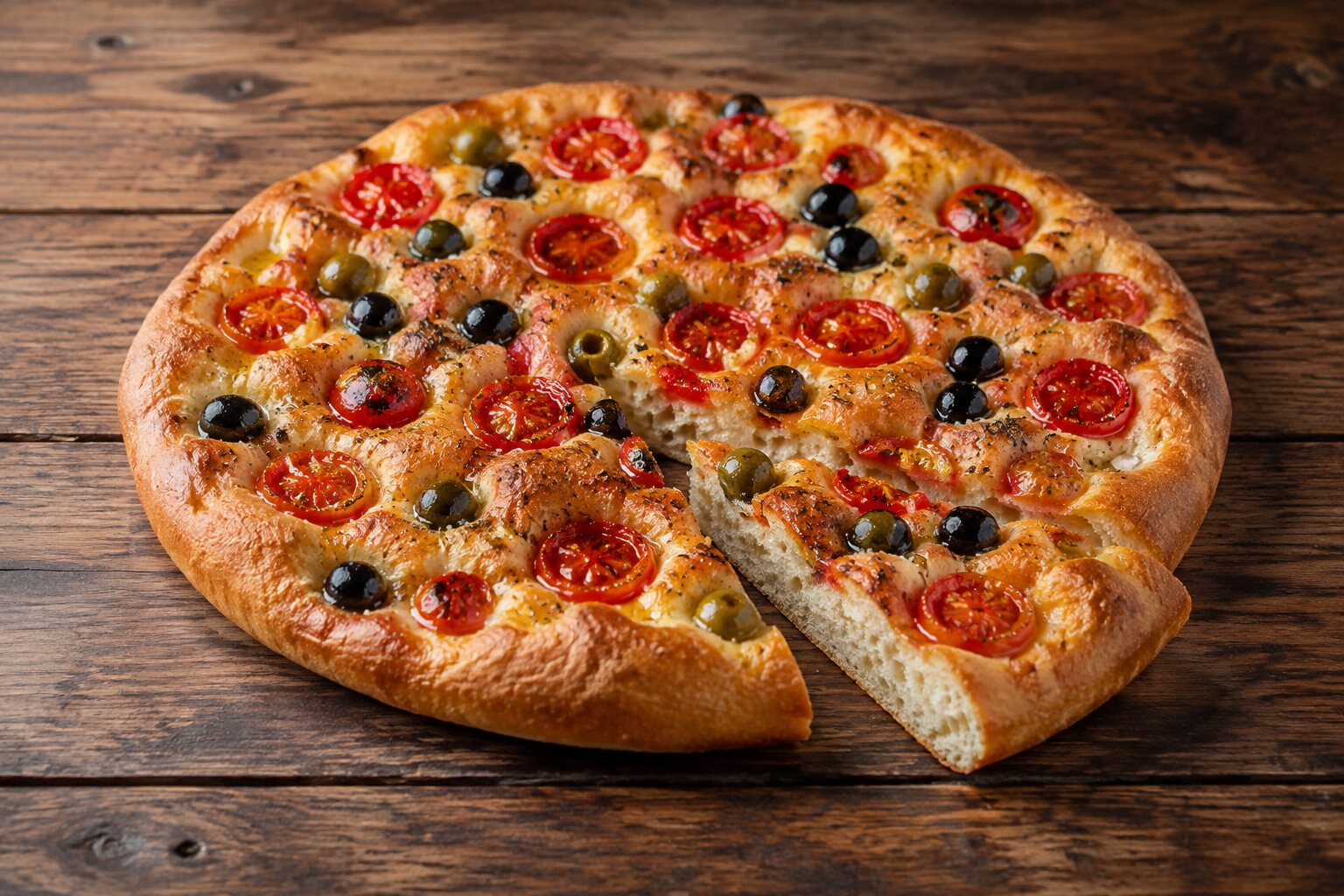 Focaccia barese con tomates cherry y aceitunas