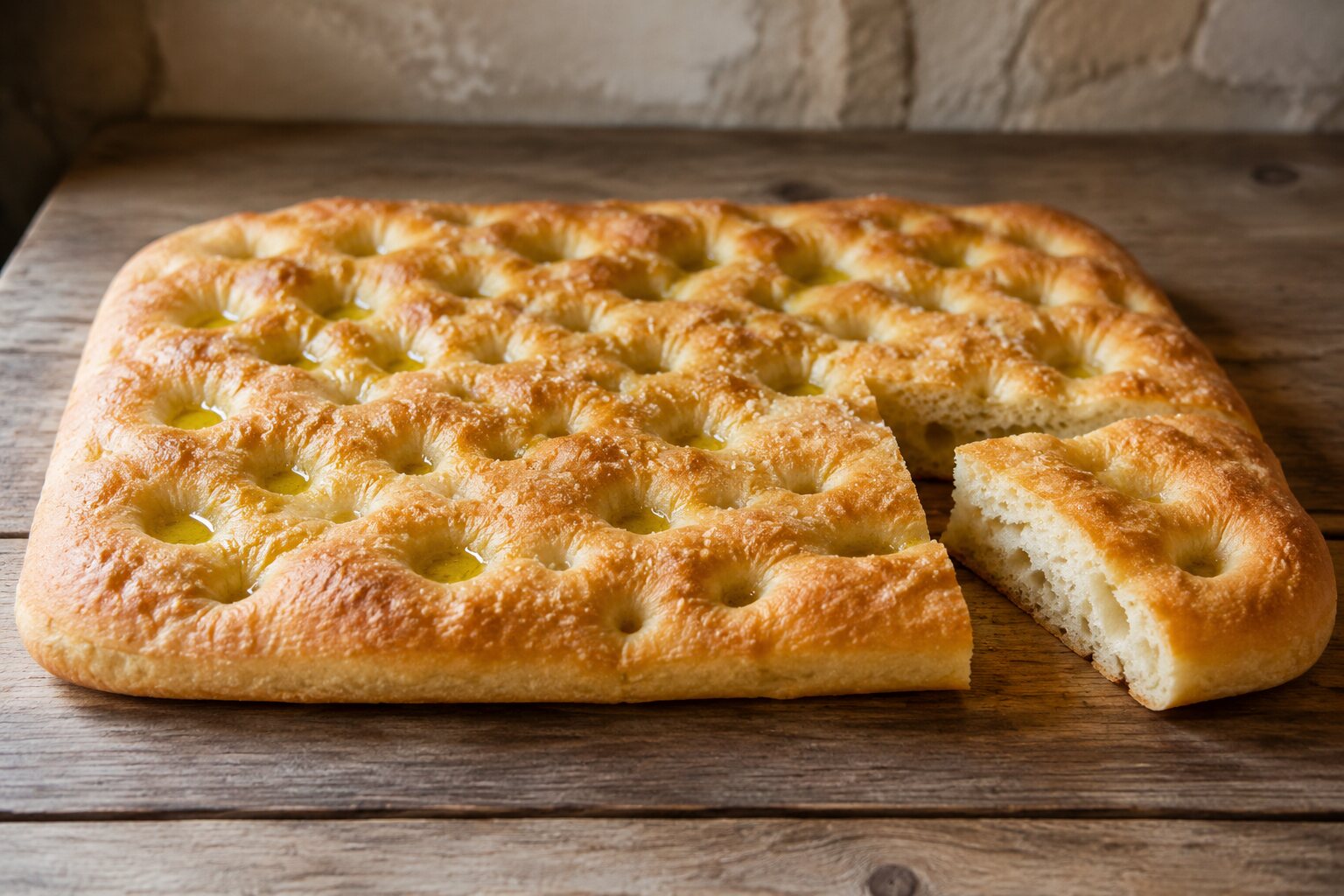 Focaccia genovese dorada con aceite de oliva