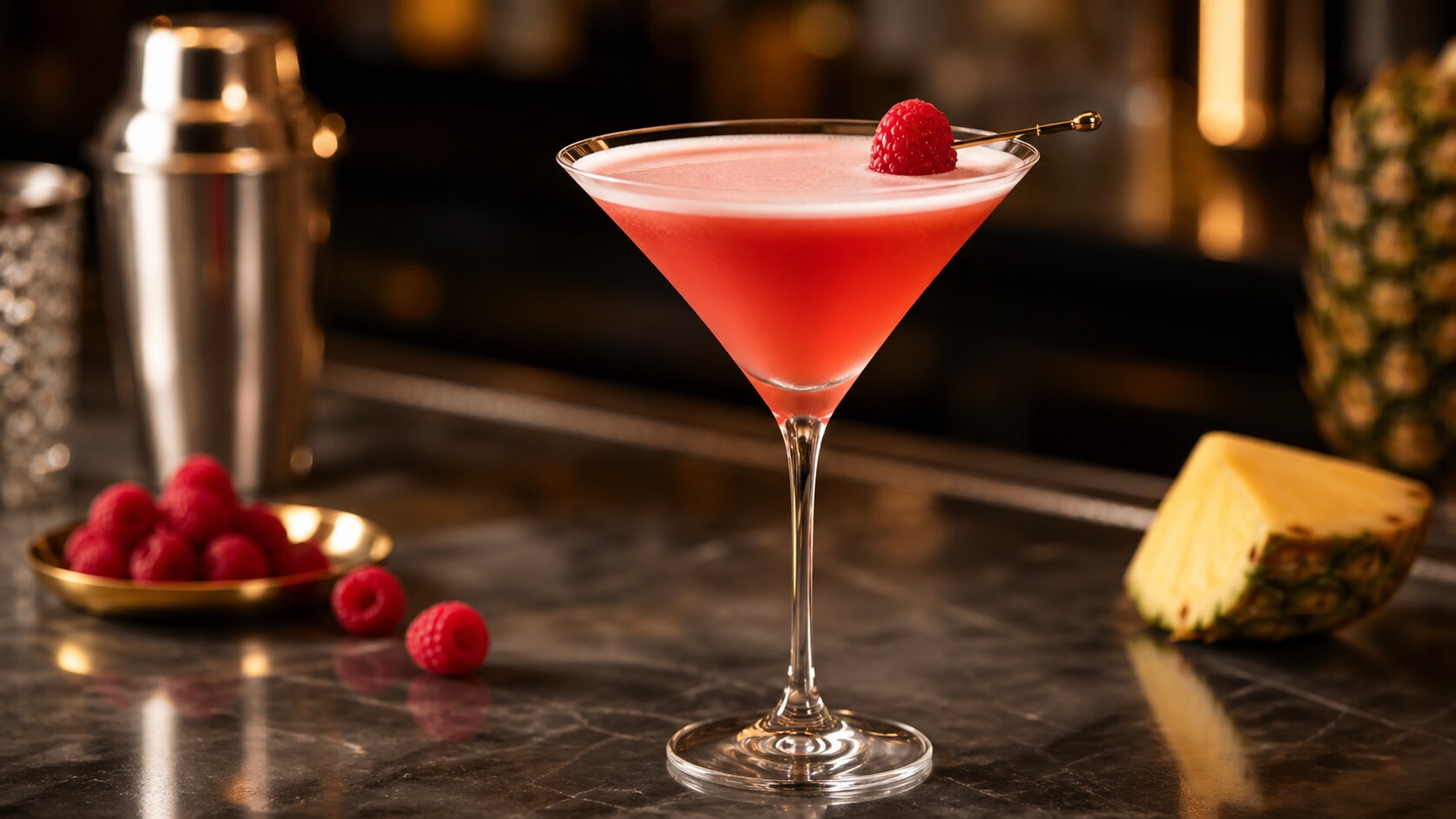 French Martini rosado con vodka, piña y frambuesa