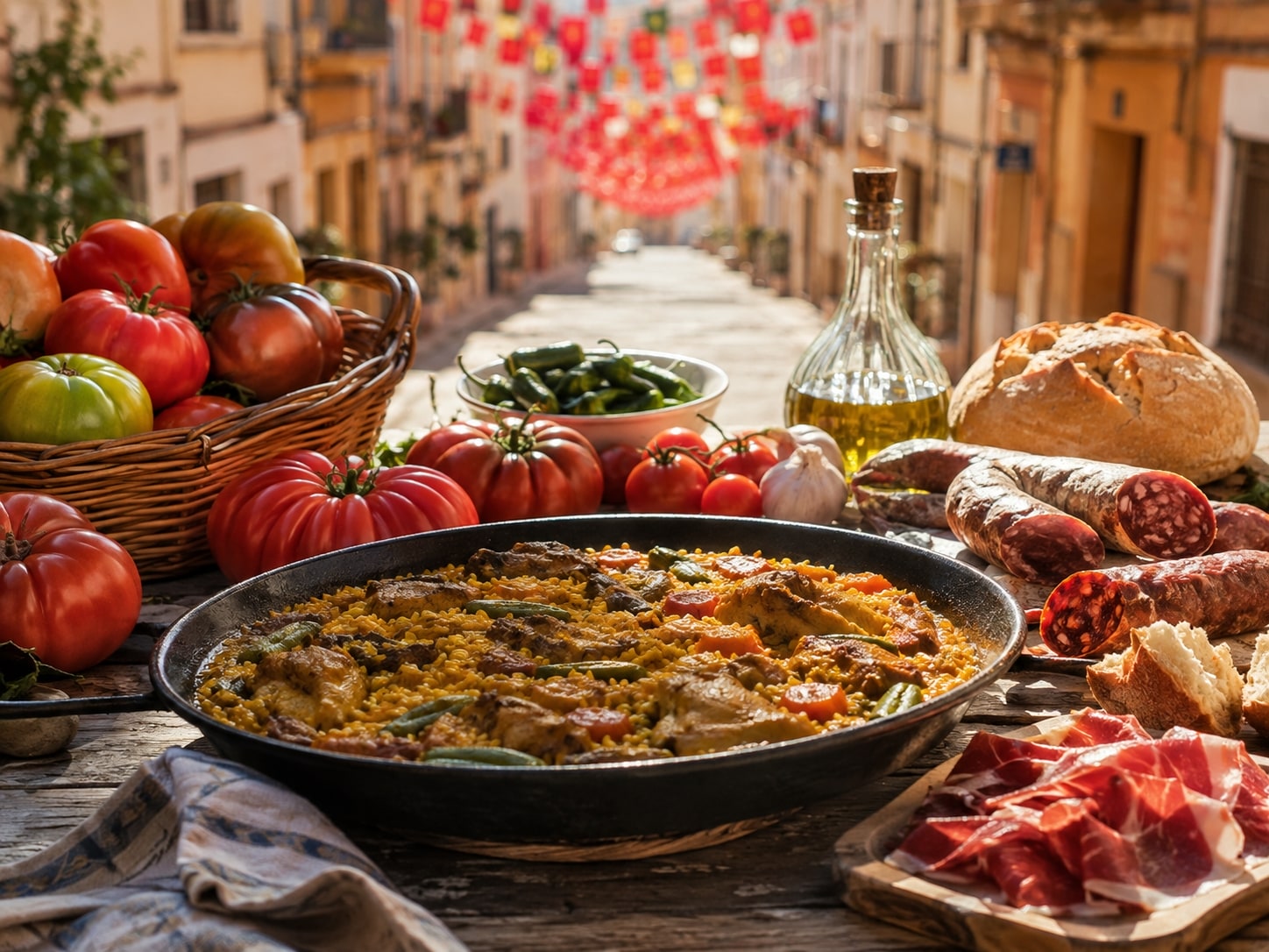 Gastronomía de La Tomatina con tomates, paella y productos valencianos