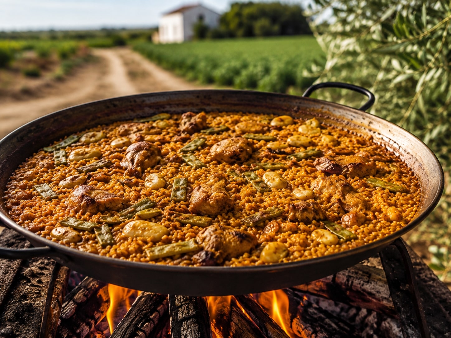 Paella valenciana tradicional con ingredientes de la huerta