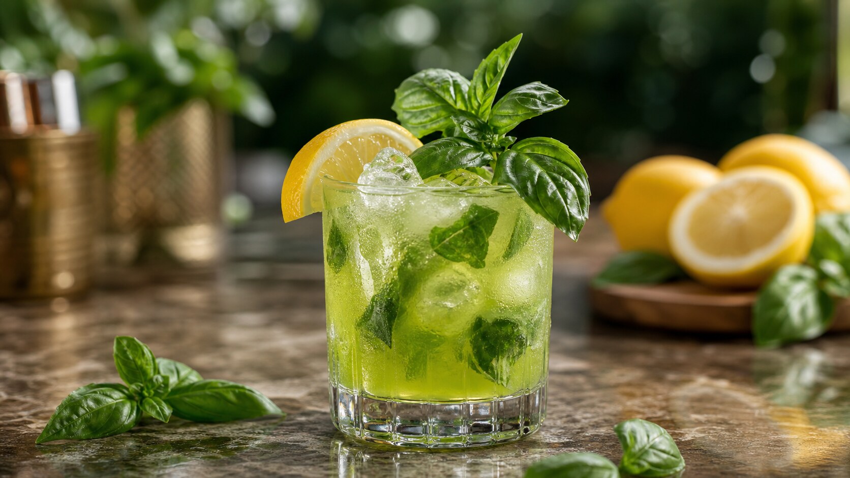 Gin Basil Smash verde con albahaca, limón y hielo
