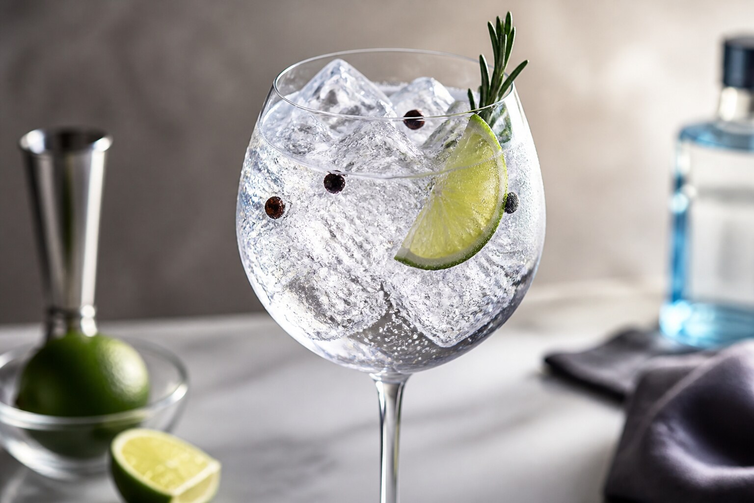 Gin tonic clásico con ginebra, tónica, hielo y lima