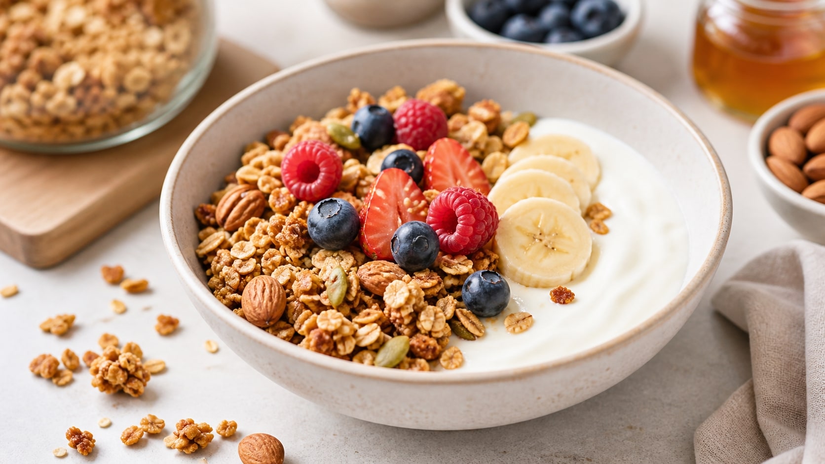 Porción de granola casera saludable lista para disfrutar