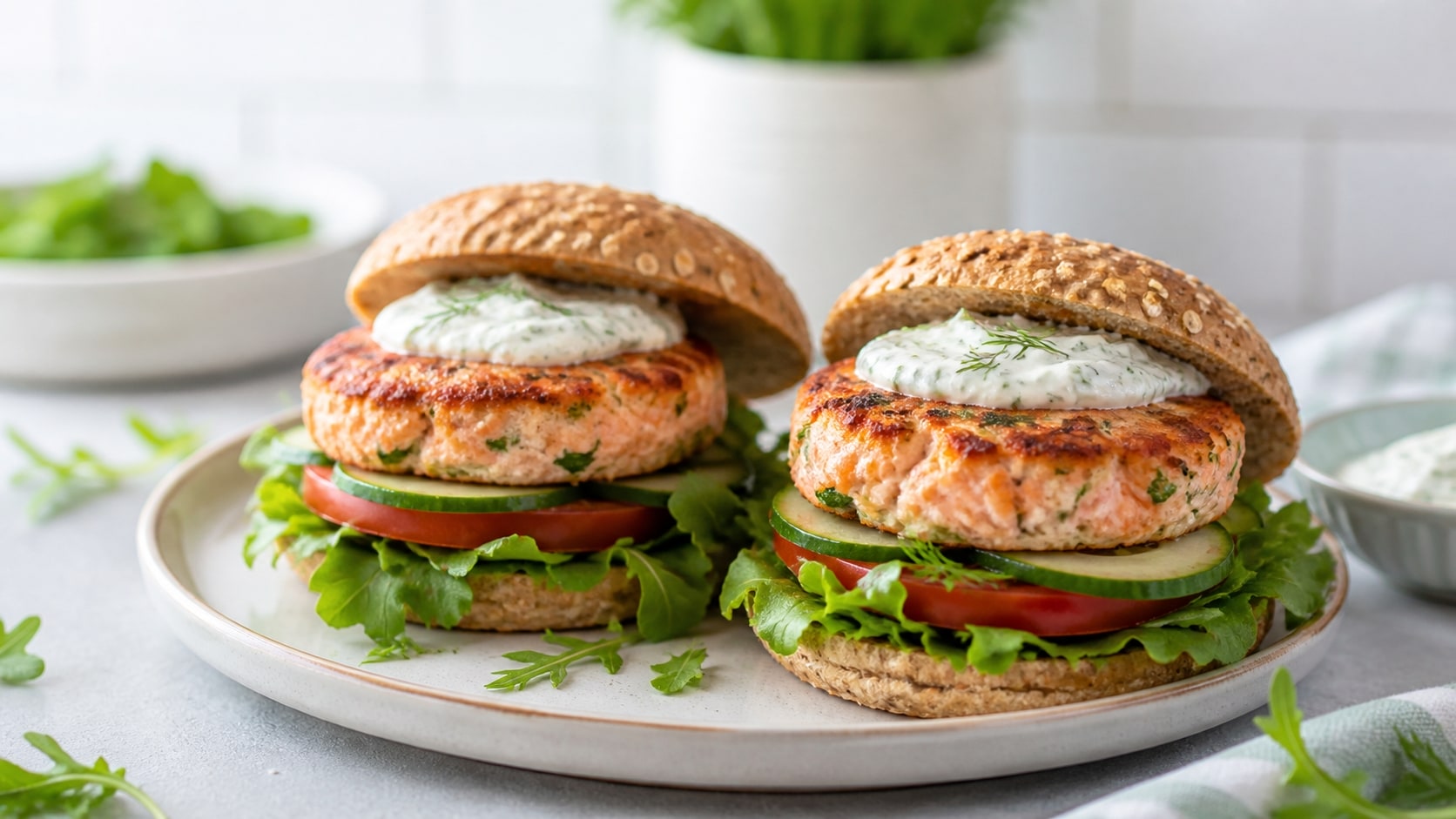 Plato de hamburguesas de salmón saludables listo para disfrutar