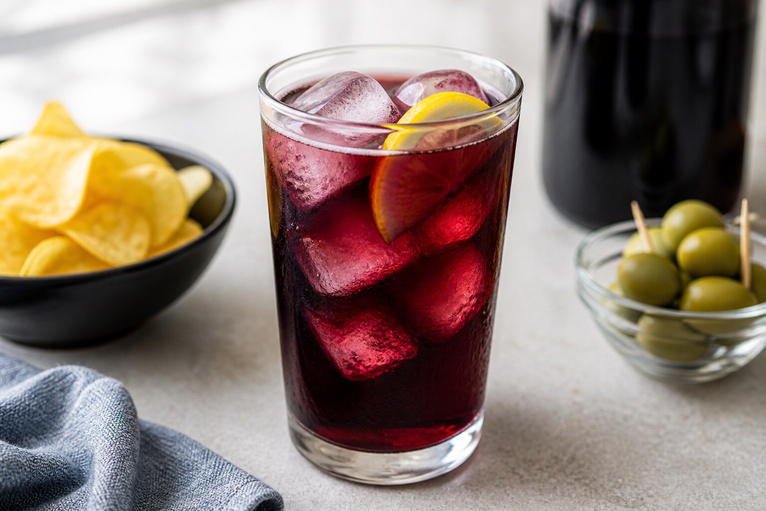 Kalimotxo con vino tinto, cola, hielo y limón