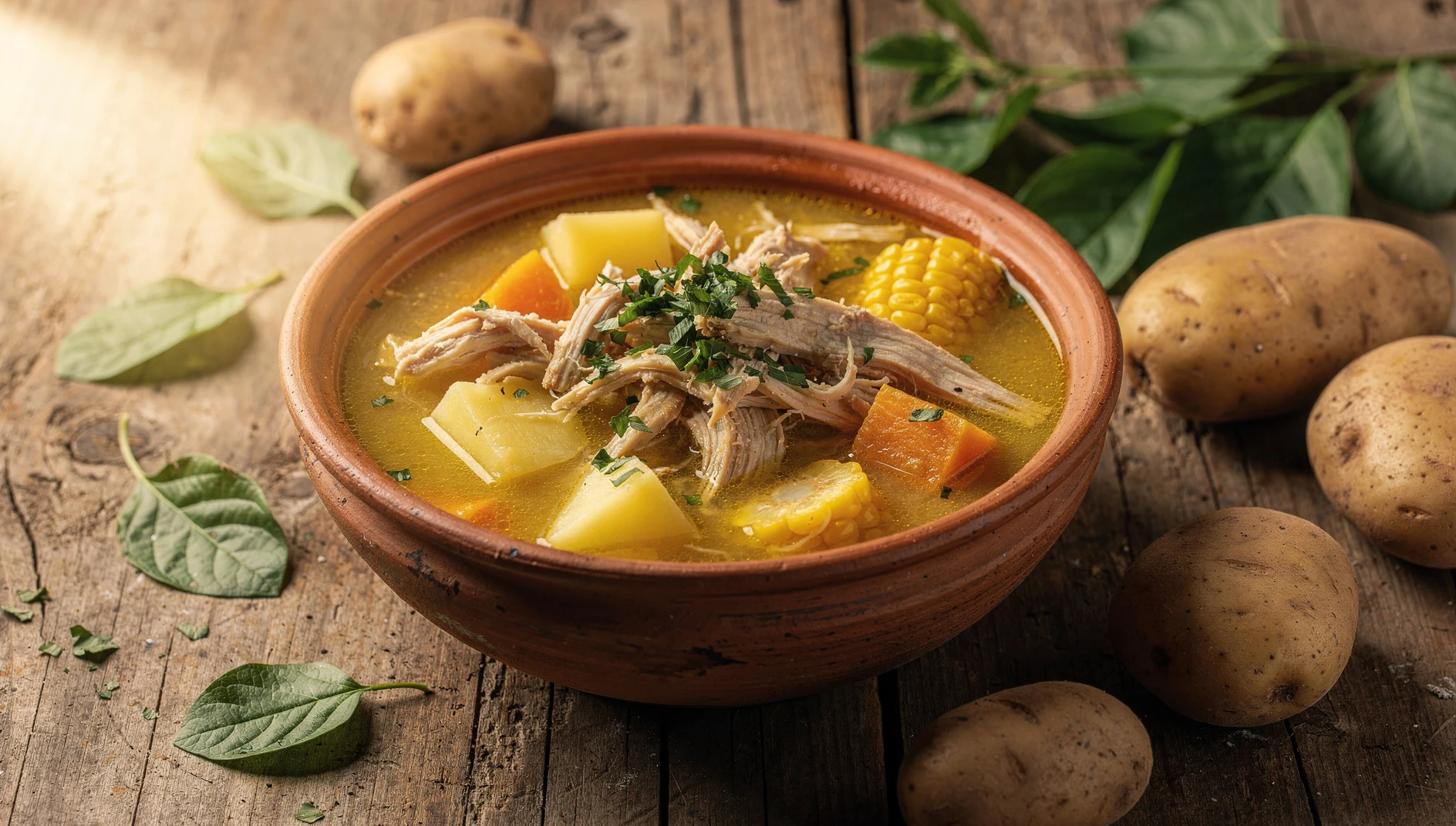 Plato hondo con locro de gallina huanuqueño servido con trozos de papa, zapallo, choclo y huacatay fresco