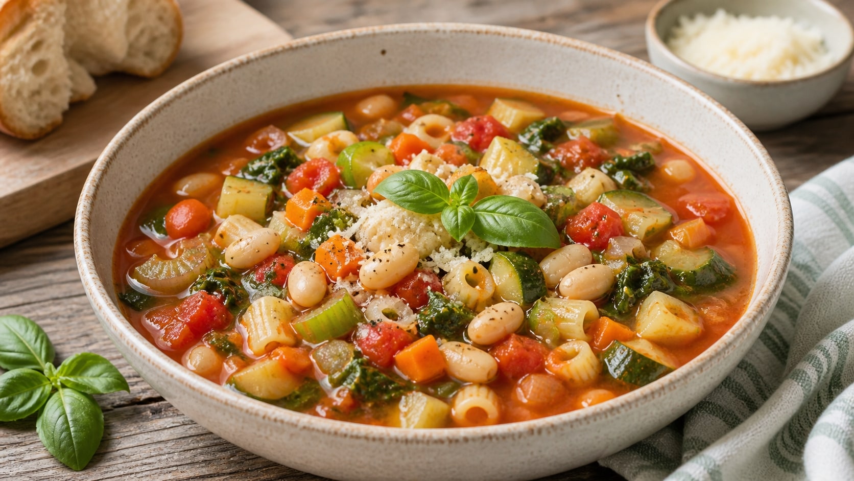 Tazón de minestrone saludable listo para servir
