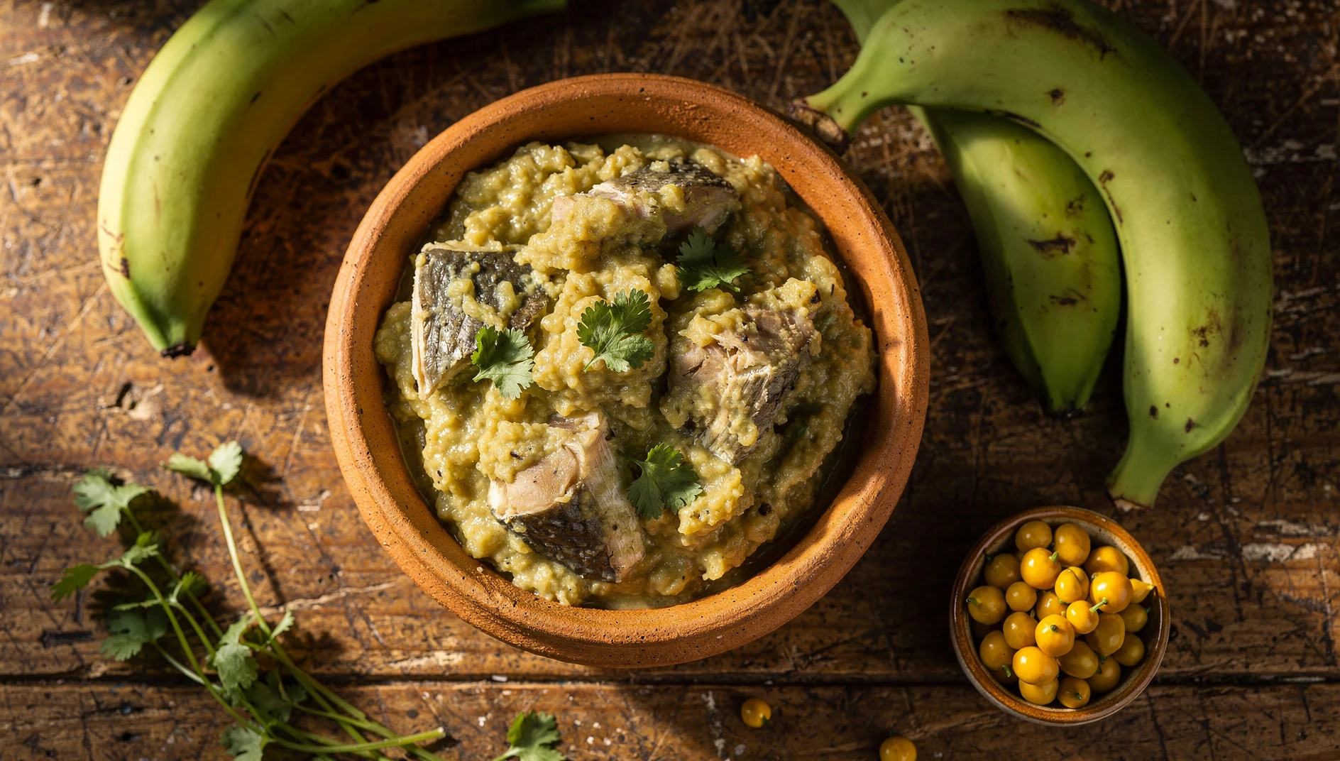 Muchangue amazónico servido en bol de barro con plátano verde machacado, trozos de pescado de río y culantro fresco