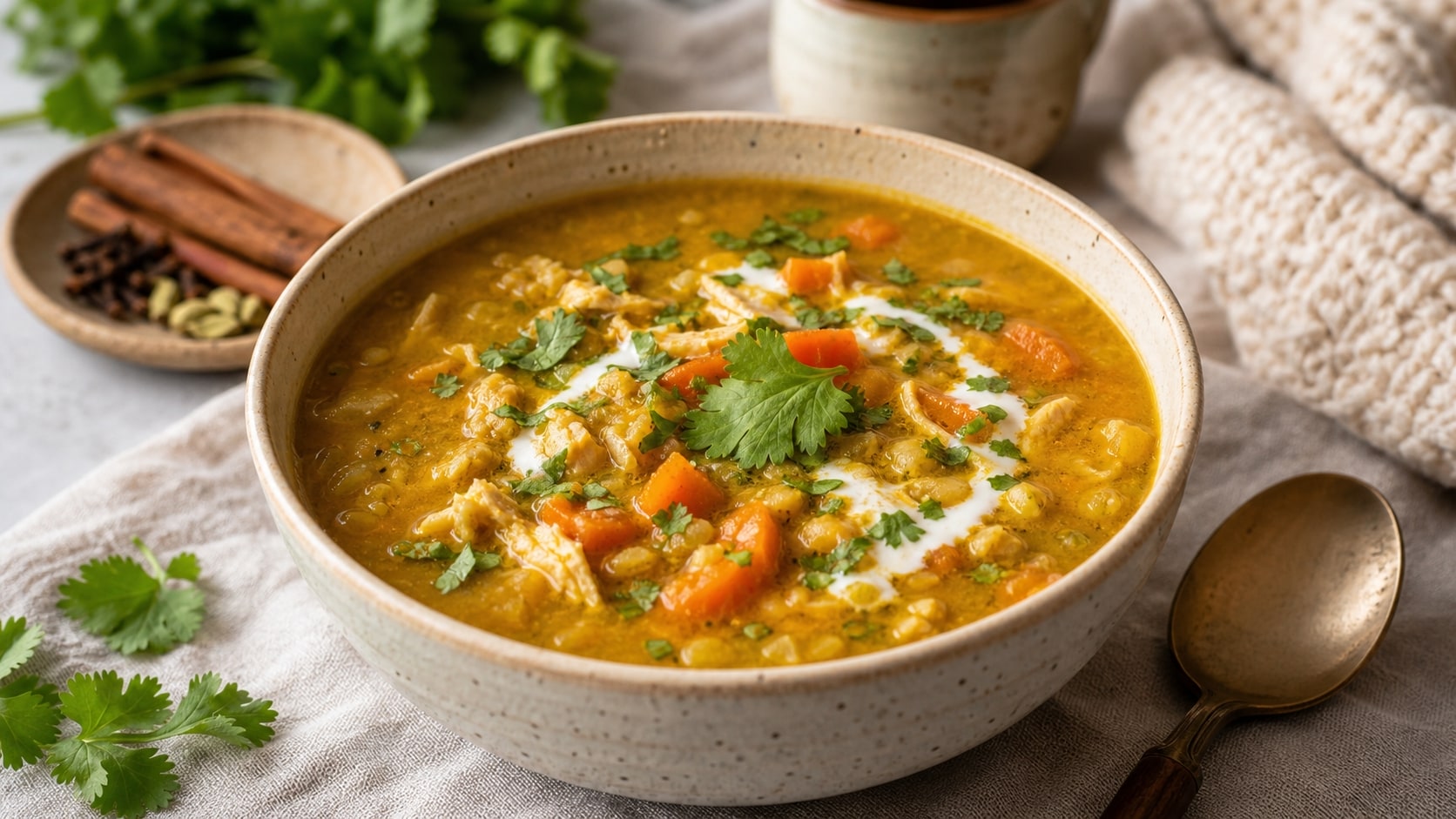Tazón de mulligatawny de invierno listo para servir