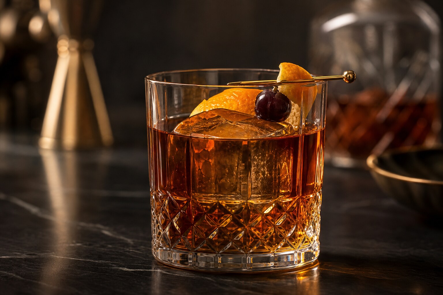 Old Fashioned con whisky, hielo y piel de naranja