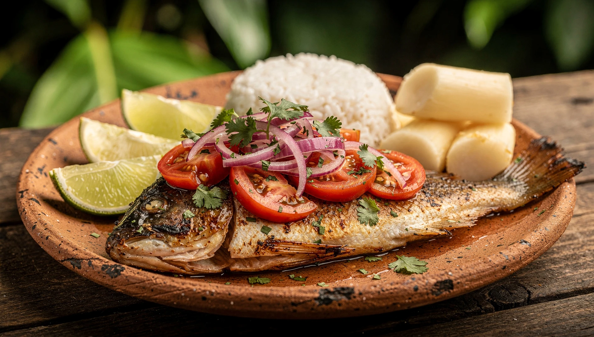 Plato de paiche pango con cebolla roja, tomate, culantro fresco, arroz blanco y yuca cocida sobre mesa rústica amazónica
