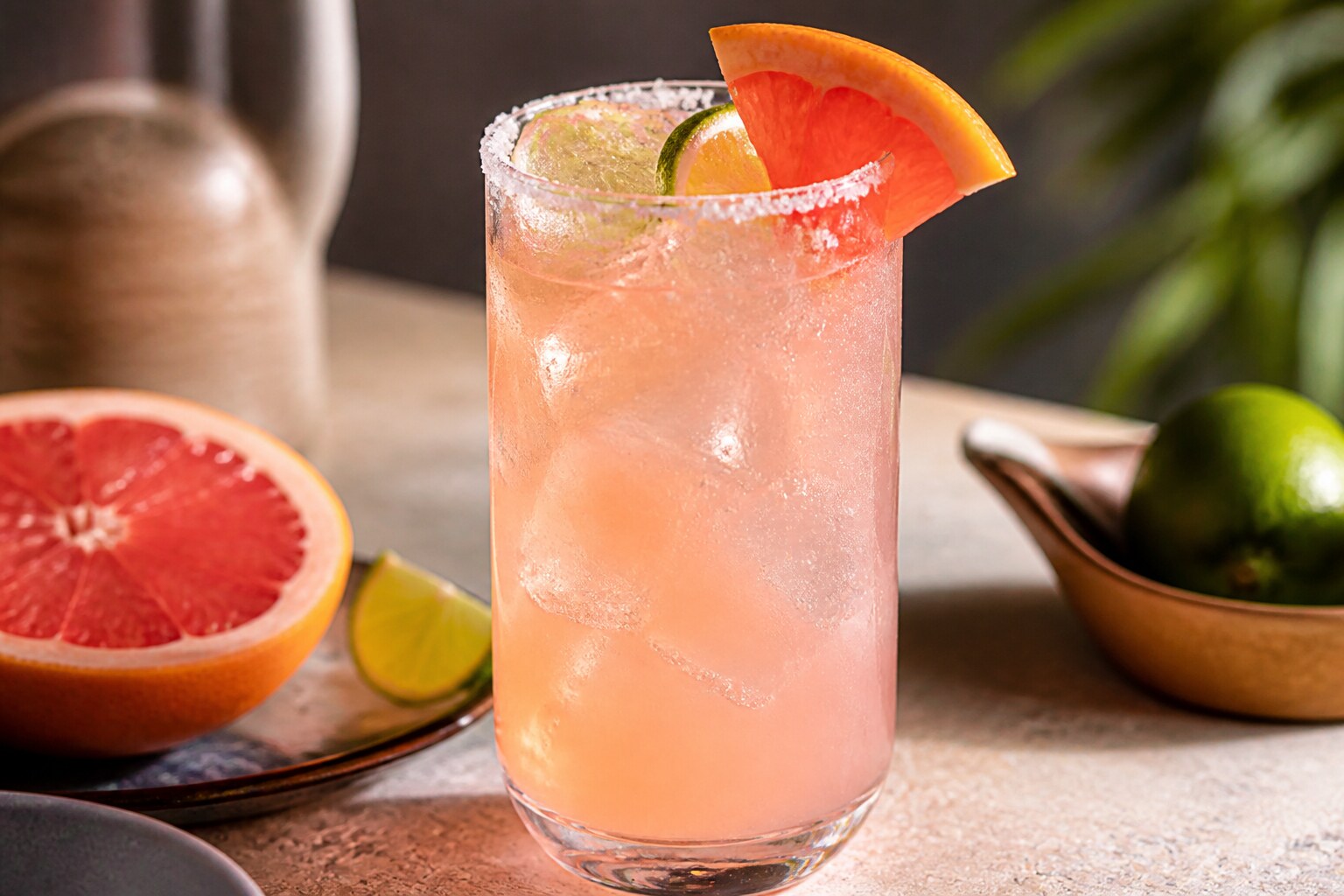 Cóctel Paloma rosado con tequila, toronja y hielo