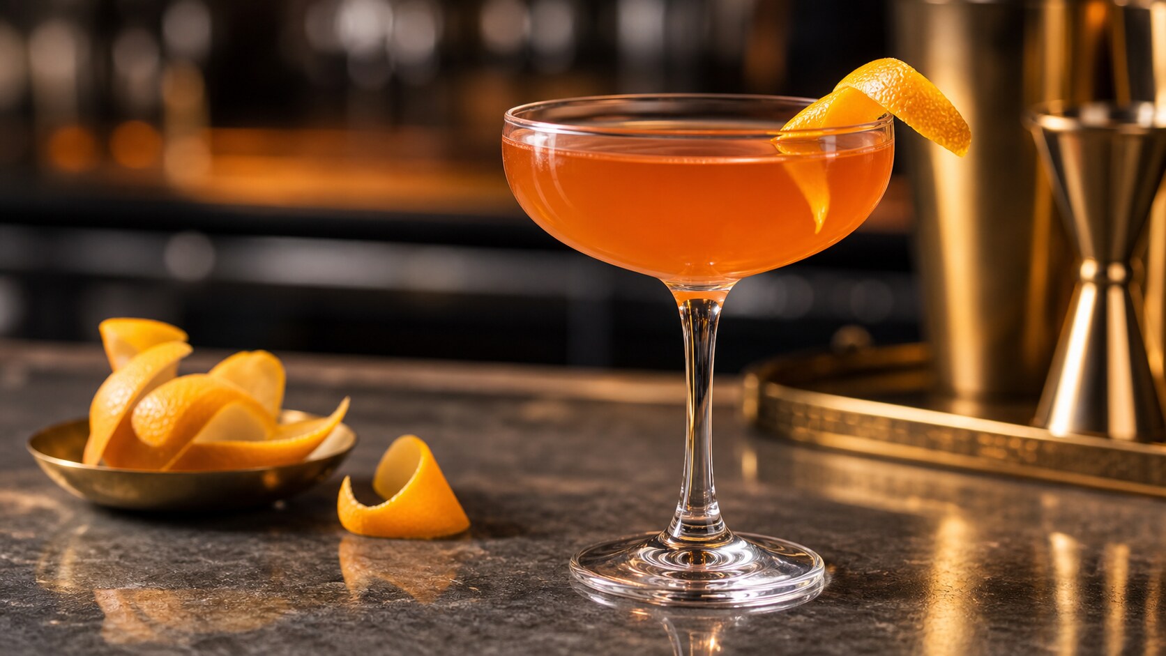 Cóctel Paper Plane naranja servido con piel de cítrico