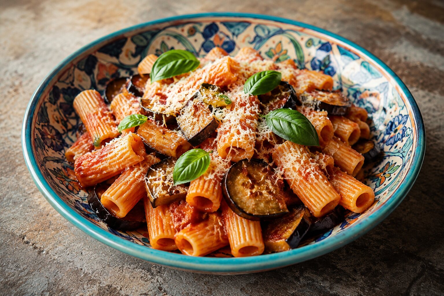 Pasta alla Norma con berenjena y ricotta salata