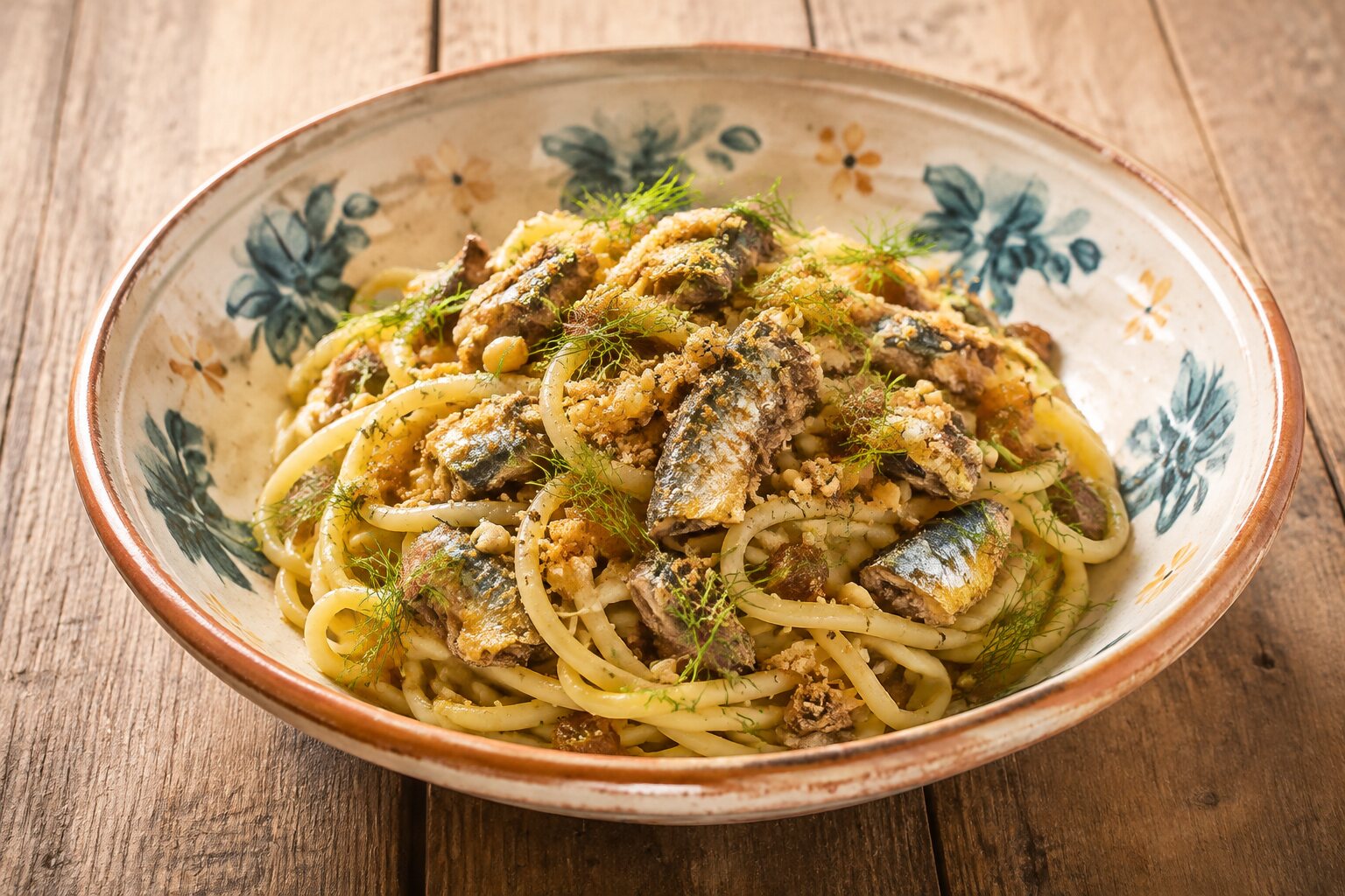 Pasta con sardinas, hinojo, pasas y piñones