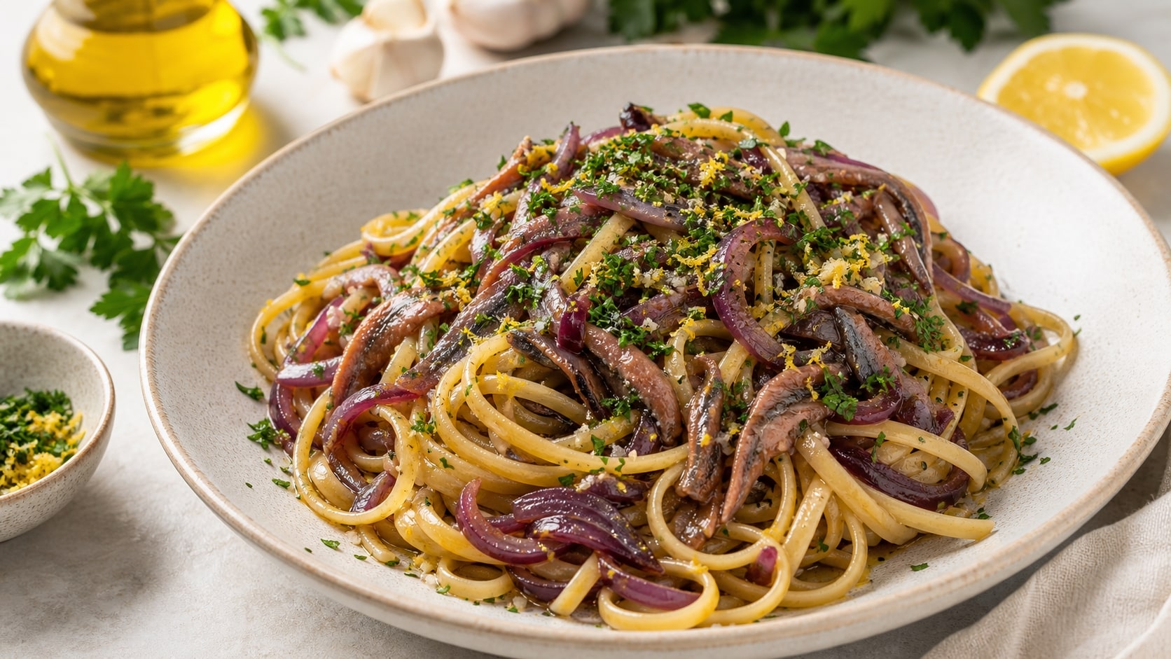 Plato de pasta de cebolla roja caramelizada y anchoas con gremolata listo para disfrutar