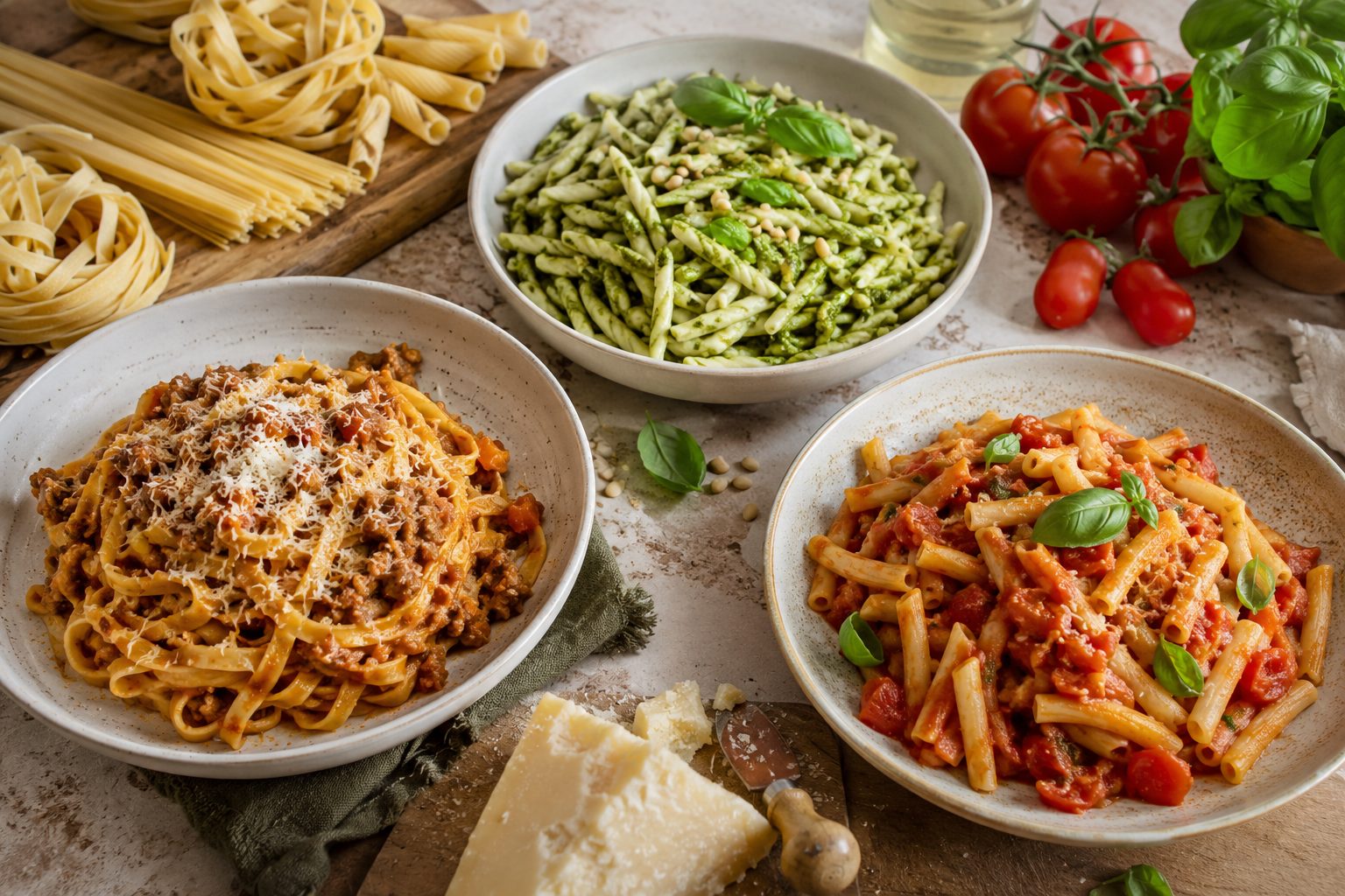 Pasta italiana artesanal con distintas salsas y formatos sobre una mesa