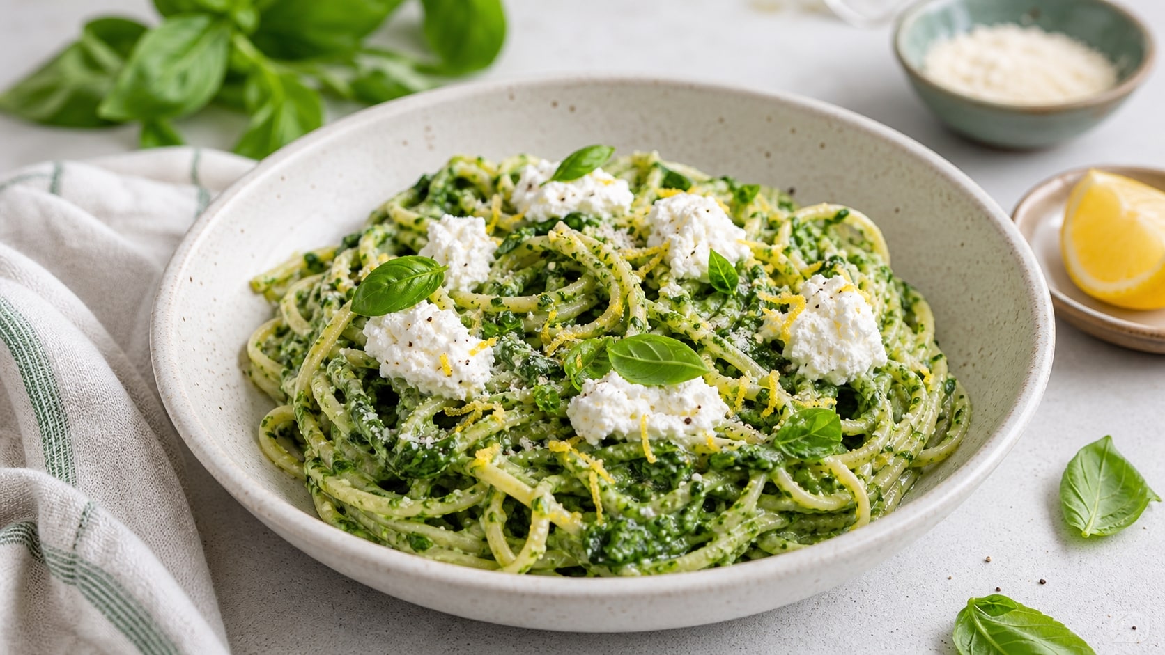 Plato de pasta verde rápida de hojas y ricotta listo para disfrutar