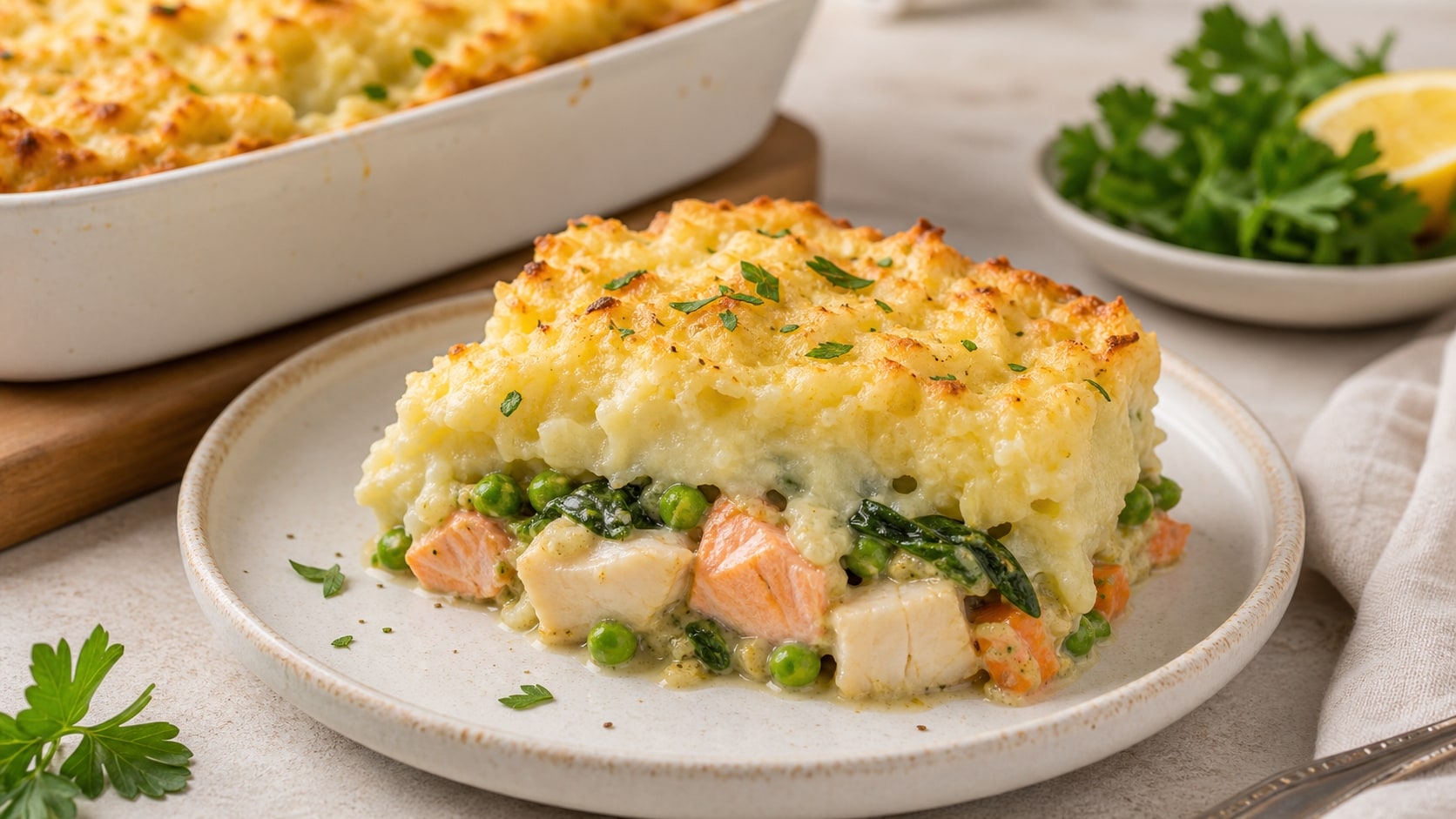 Plato de pastel de pescado saludable listo para disfrutar