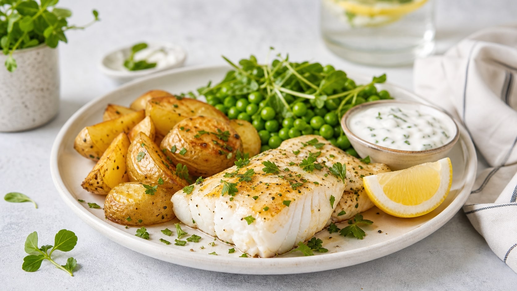 Plato de pescado con papas saludable listo para disfrutar