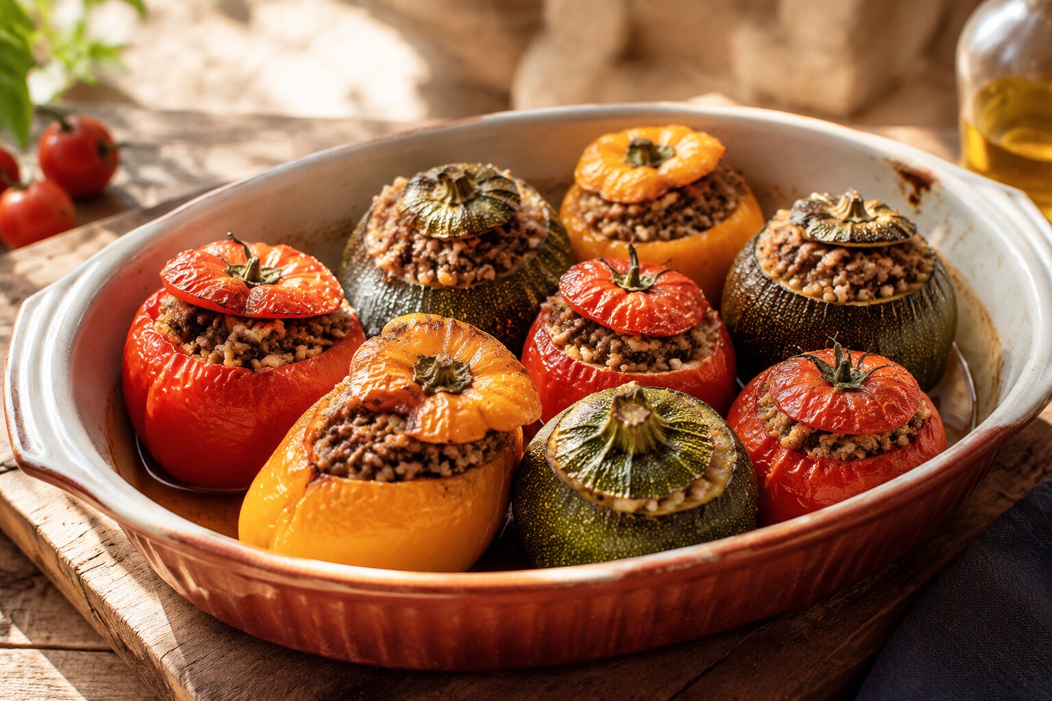 Petits farcis niçois de tomates, calabacines y pimientos rellenos
