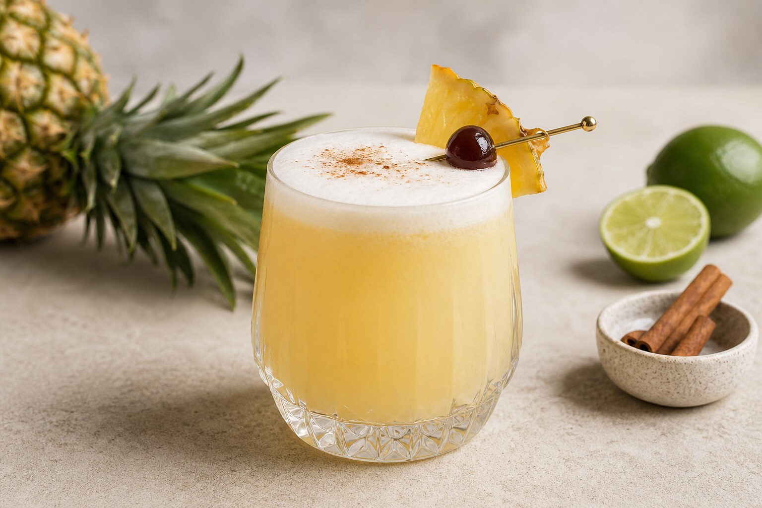 Pisco Punch con piña, cítricos y espuma