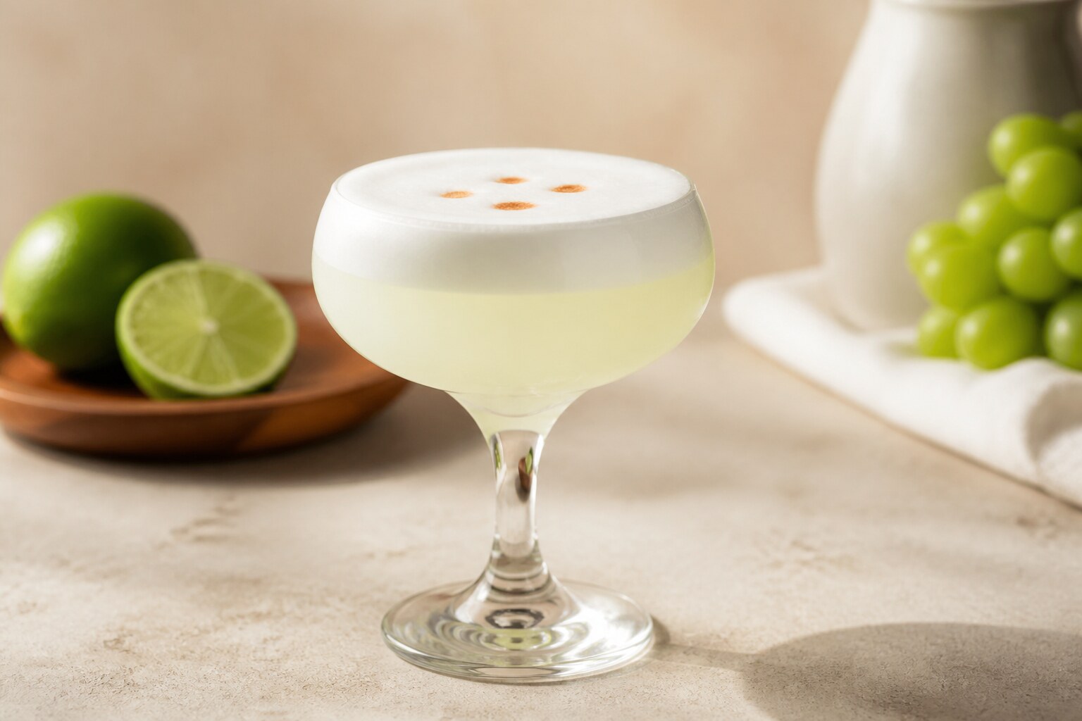 Pisco sour peruano con espuma, canela y amargo