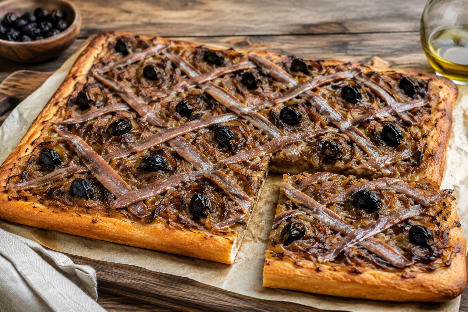 Pissaladière niçoise con cebolla caramelizada, anchoas y aceitunas negras