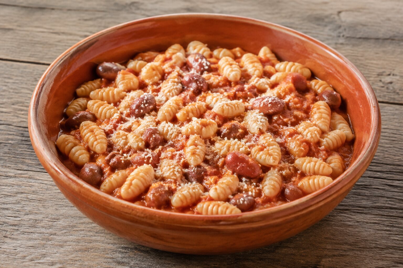 Pissarei e fasö con pasta pequeña y frijoles borlotti