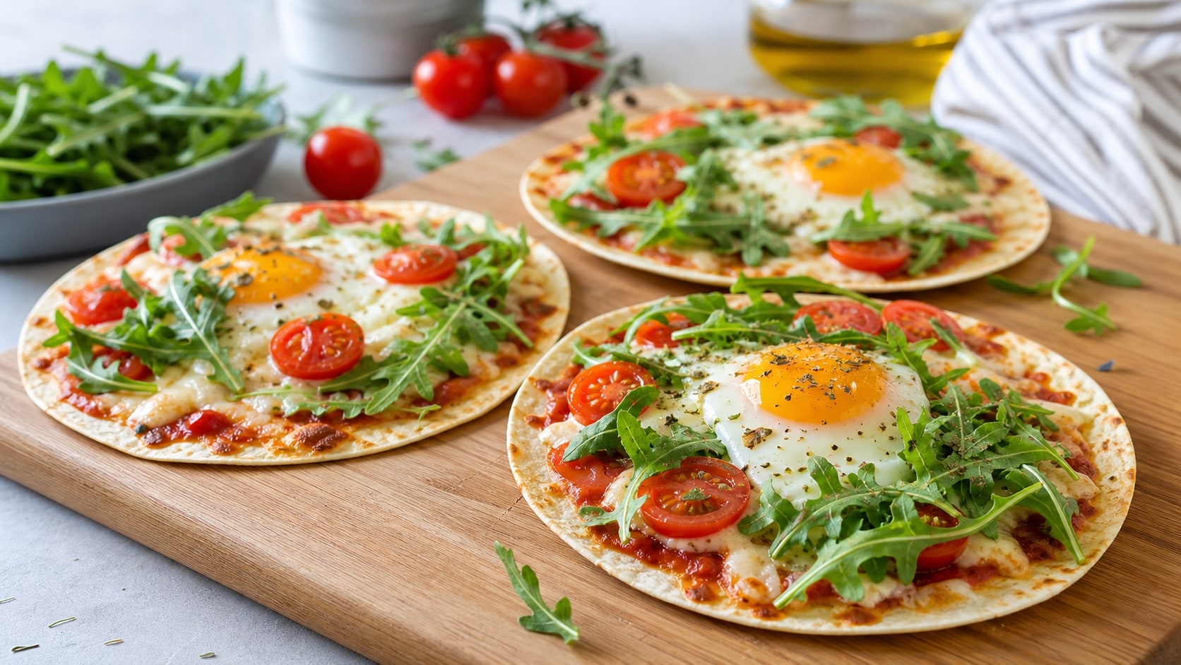 Plato de pizzas de tortilla con huevo y rúcula listo para disfrutar